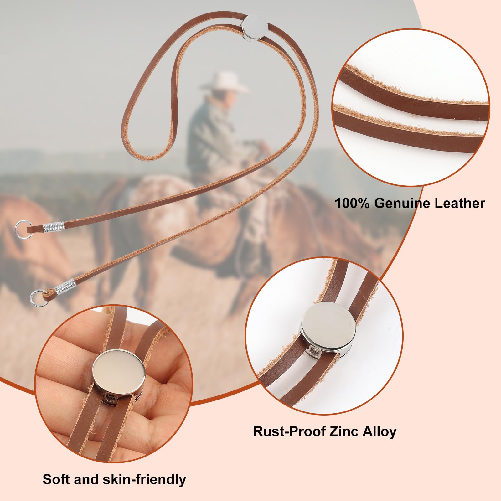 Sottogola in vera pelle, regolabile, con clip in metallo, antivento, per cappelli da cowboy, equitazione, escursionismo, attività all'aperto