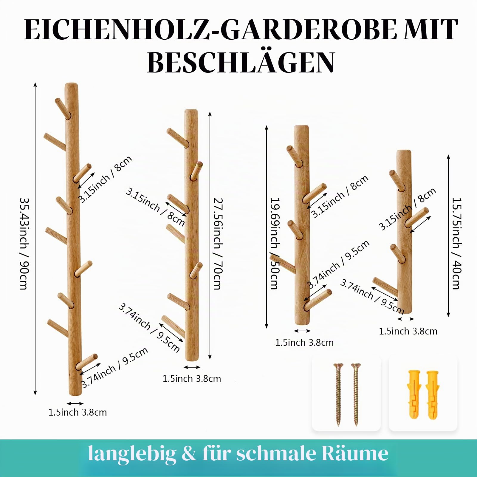 Wandgarderobe Wand, 70cm Vertikale Garderobenleiste mit 7 Haken, Zweige Kleiderhaken Garderoben Haken für Hängen Sie Jacken, Mäntel, Hüte, Schals und Handtaschen