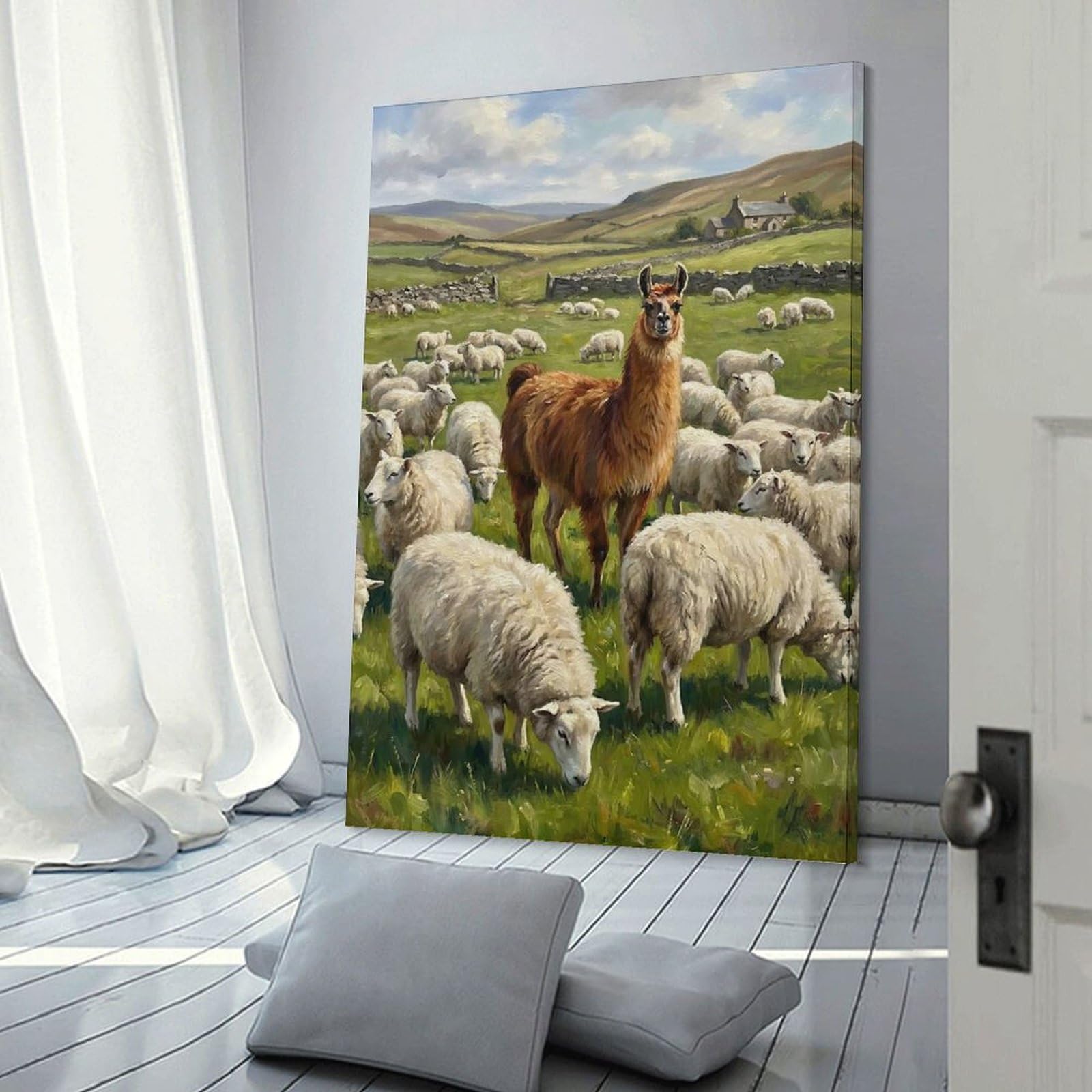 Junmoney Llama And Sheep in Grassy Field Canvas Wall Picture 08x12inch(20x30cm), for Living Room, Bedroom Or Apartment Walls, Modern Wall Decor for Cosy Interiors