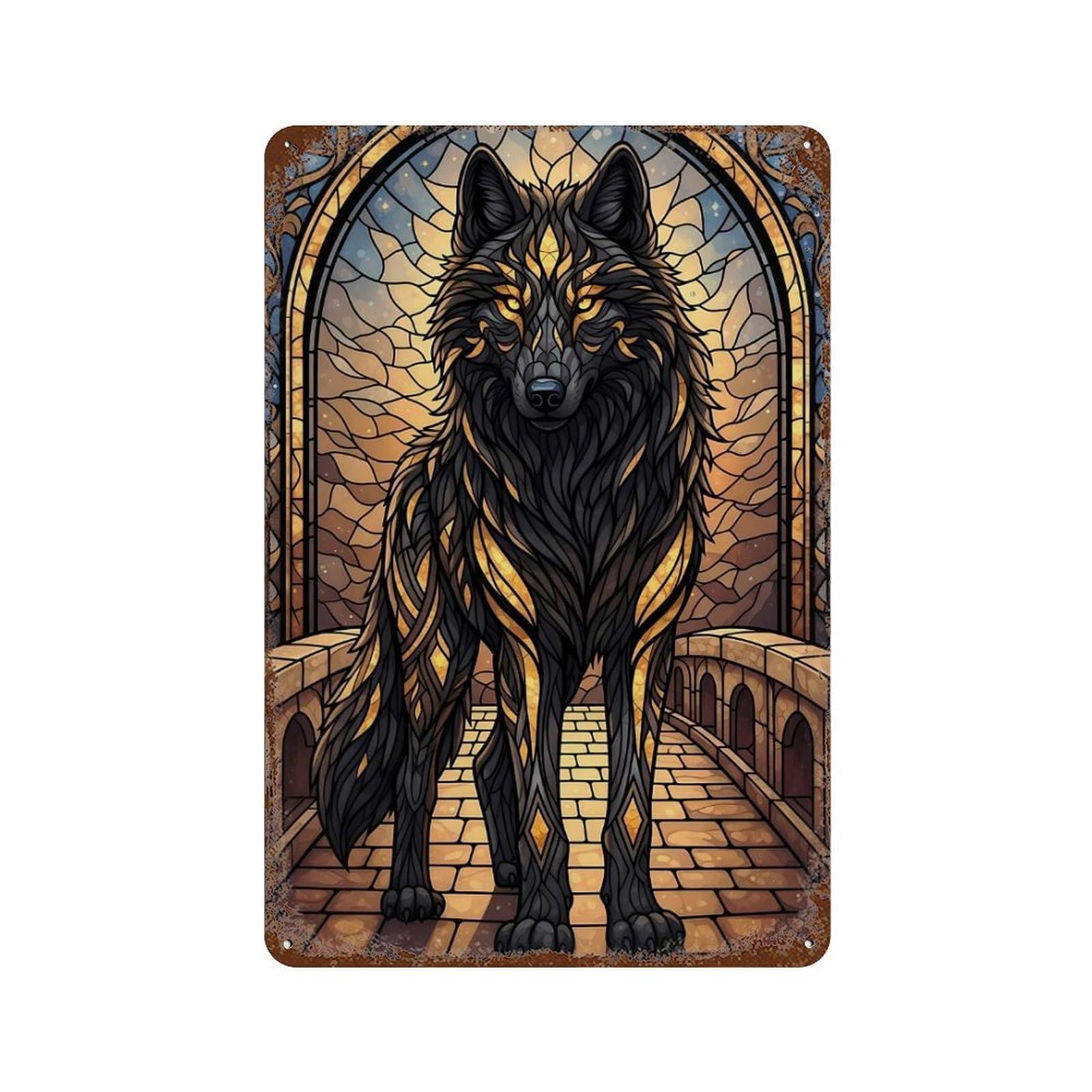 Stained Glass Wolf on Stone Bridge 11.8"x7.9" Distressed Metal Wall Sign, Industrial Home Decor for Patio, Garden Room And Bar Decor