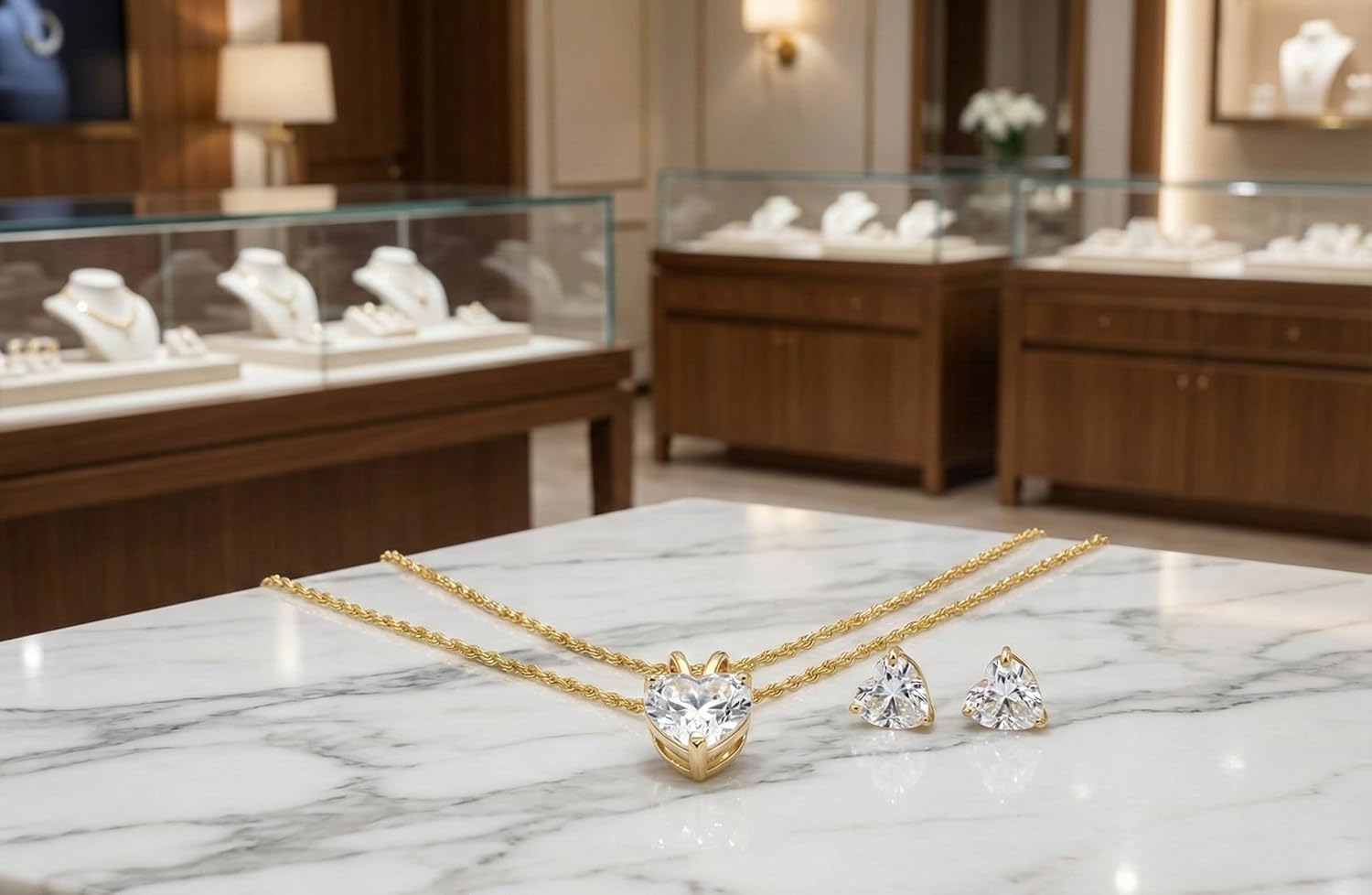 Exquisite SOLID 18k Yellow Gold Diamond Earrings and Necklace SET for women 3.5 carat Diamond Jewelry Love Heart Shaped Pendant Necklace Rope 18" Stud Diamond Heart Stud Earrings HANDMADE Jewellery - Image 4