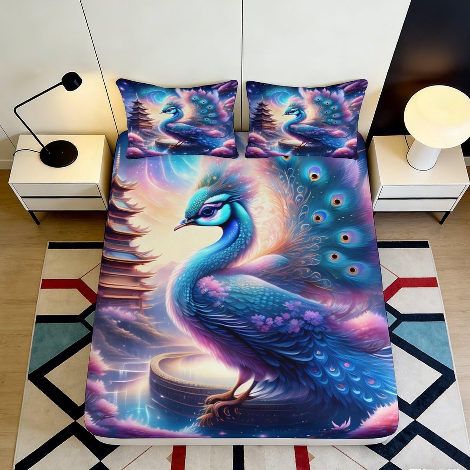 Pnayamiorkfel Style-10 3D Printed Fantasy Peacock Fitted Sheet Microfiber Soft Colorful Oriental Pagoda Mattress Cover For Bedroom Decor 90X200x25cm