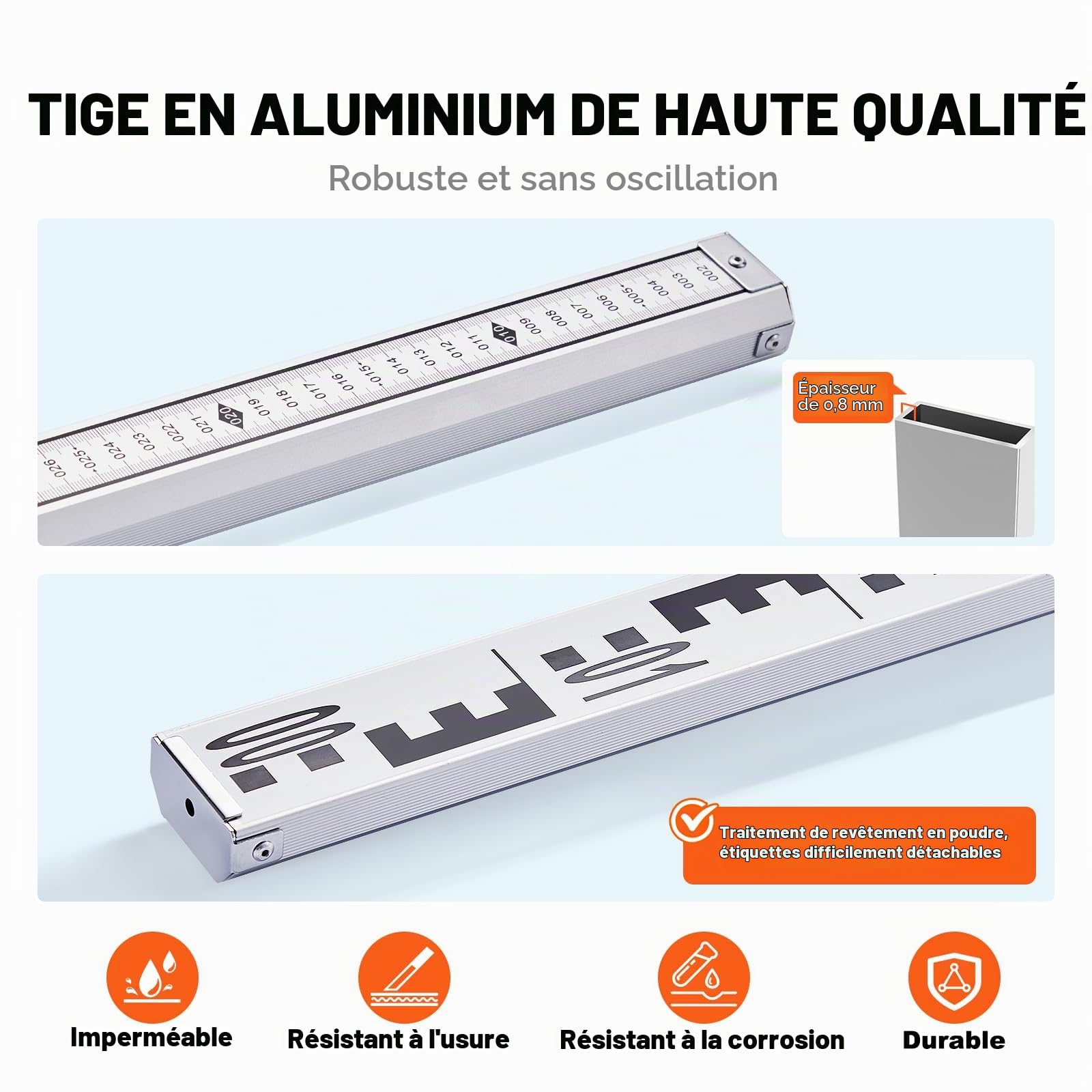 VEVOR Tige de mesure télescopique métrique 4 m, mire télescopique de mesure double face en cm/mm règle en alliage d'aluminium avec niveau à bulle et sac de transport pour mesurer maisons, murs, sols