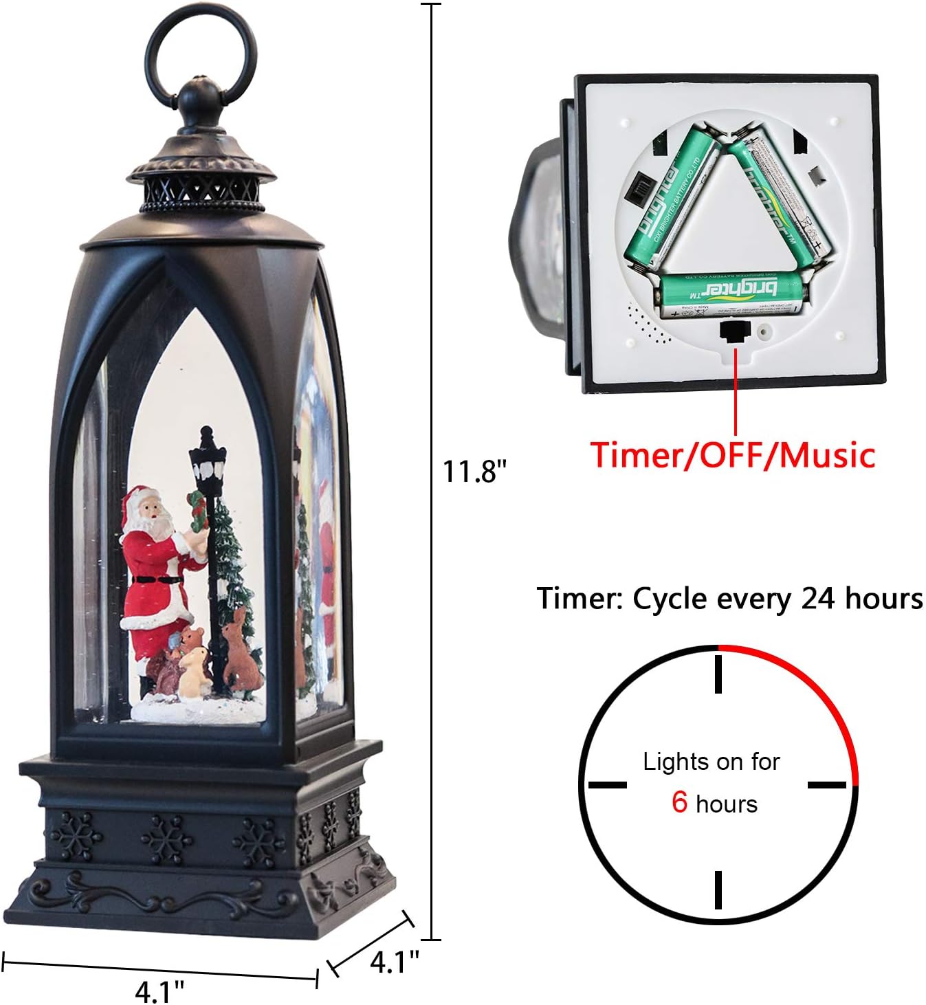 Eldnacele 12” Christmas Snow Globe Lantern Snowman with Music & Timer, USB Lined/Battery Operated Lighted Water Glittering Lantern for Christmas Festival Decoration Gifts – Santa