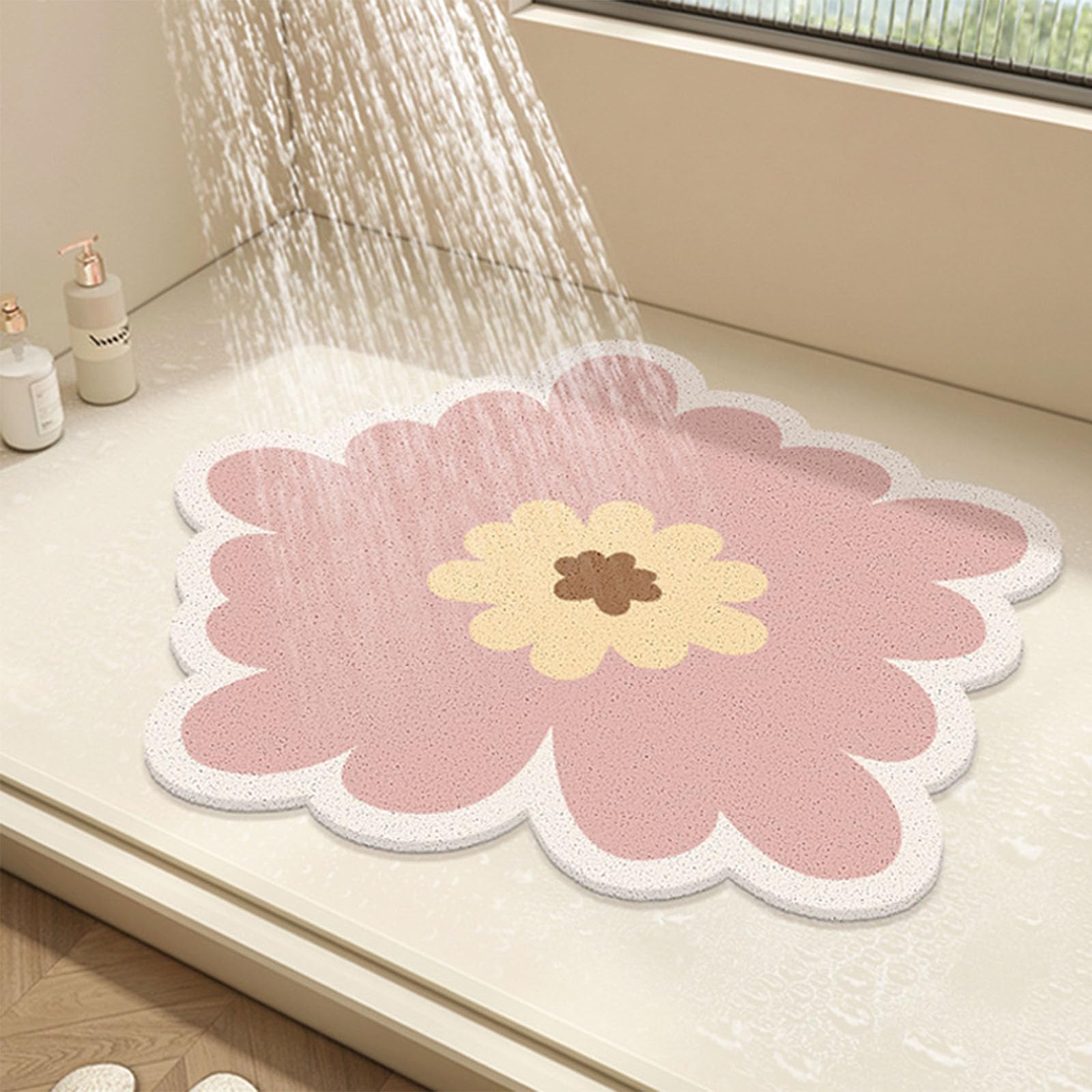 Indoor shower round shower mat with floral design, PVC sponge bathroom floor mat, anti-slip bathroom mat, anti-mildew shower mat with drainage hole, quick-dry (K,50 * 50cm)