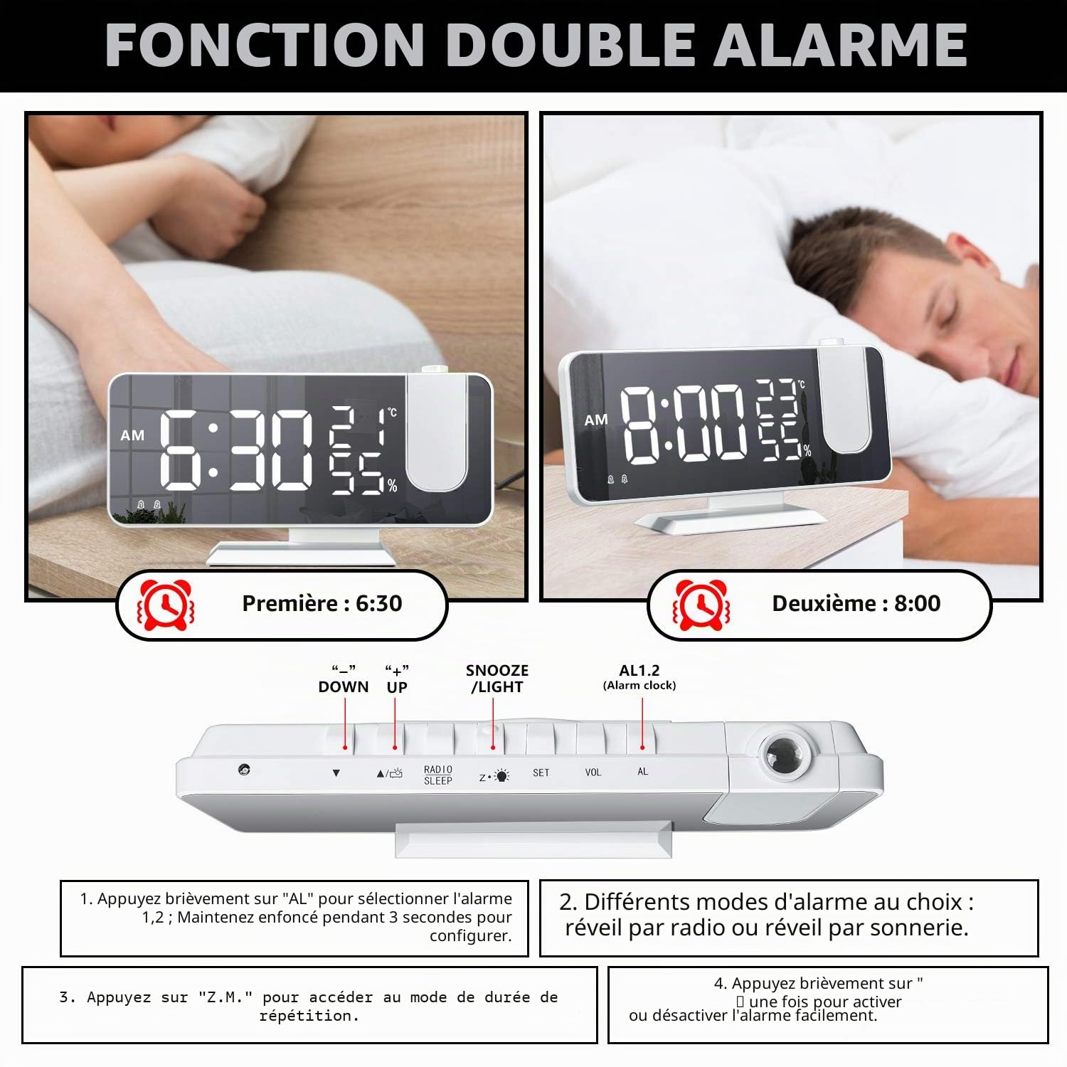 ThreeH Réveil de Projection avec Chargeur USB Réveil de Projecteur Rotatif à 180 ° avec Radio FM Écran Miroir 7,4 '' 2 Sons 4 Gradateurs Blanc