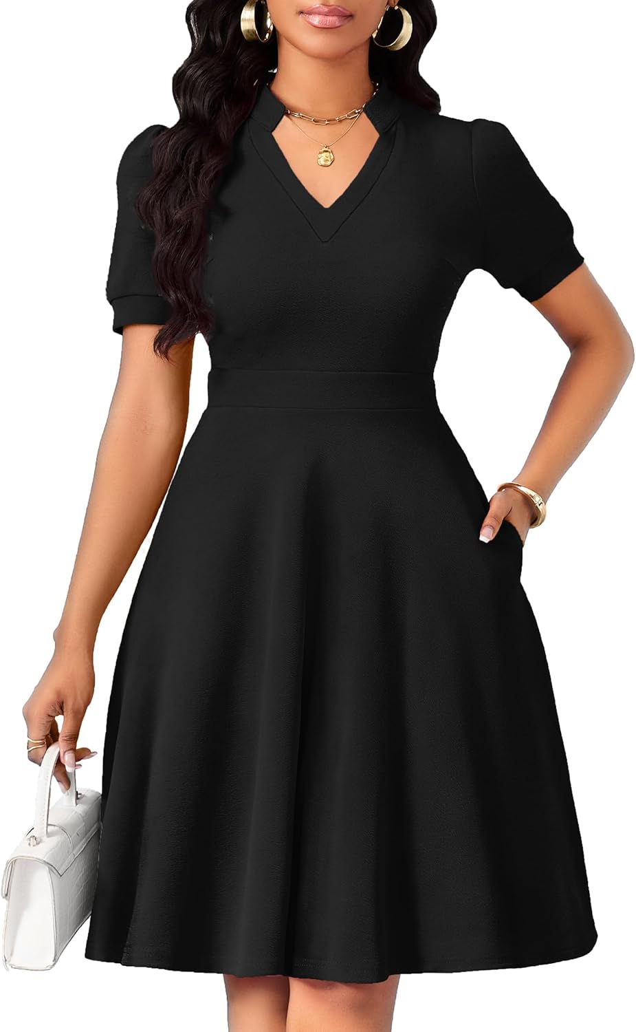 Womens Casual Summer Dresses Short Puff Sleeve V Neck A Line Wedding Guest Midi Dresses with Pockets