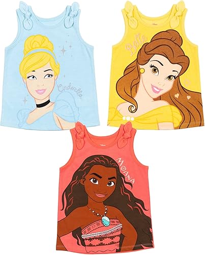 Disney Princess Cenicienta Belle Moana Ariel Rapunzel Jasmine - Camiseta sin mangas para niñas pequeñas, paquete de 3 unidades
