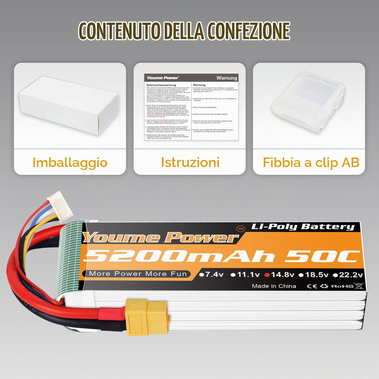 Youme Batteria LiPo 4S 5200mAh 14.8V 50C XT60 per RC Auto Droni 2pezzi
