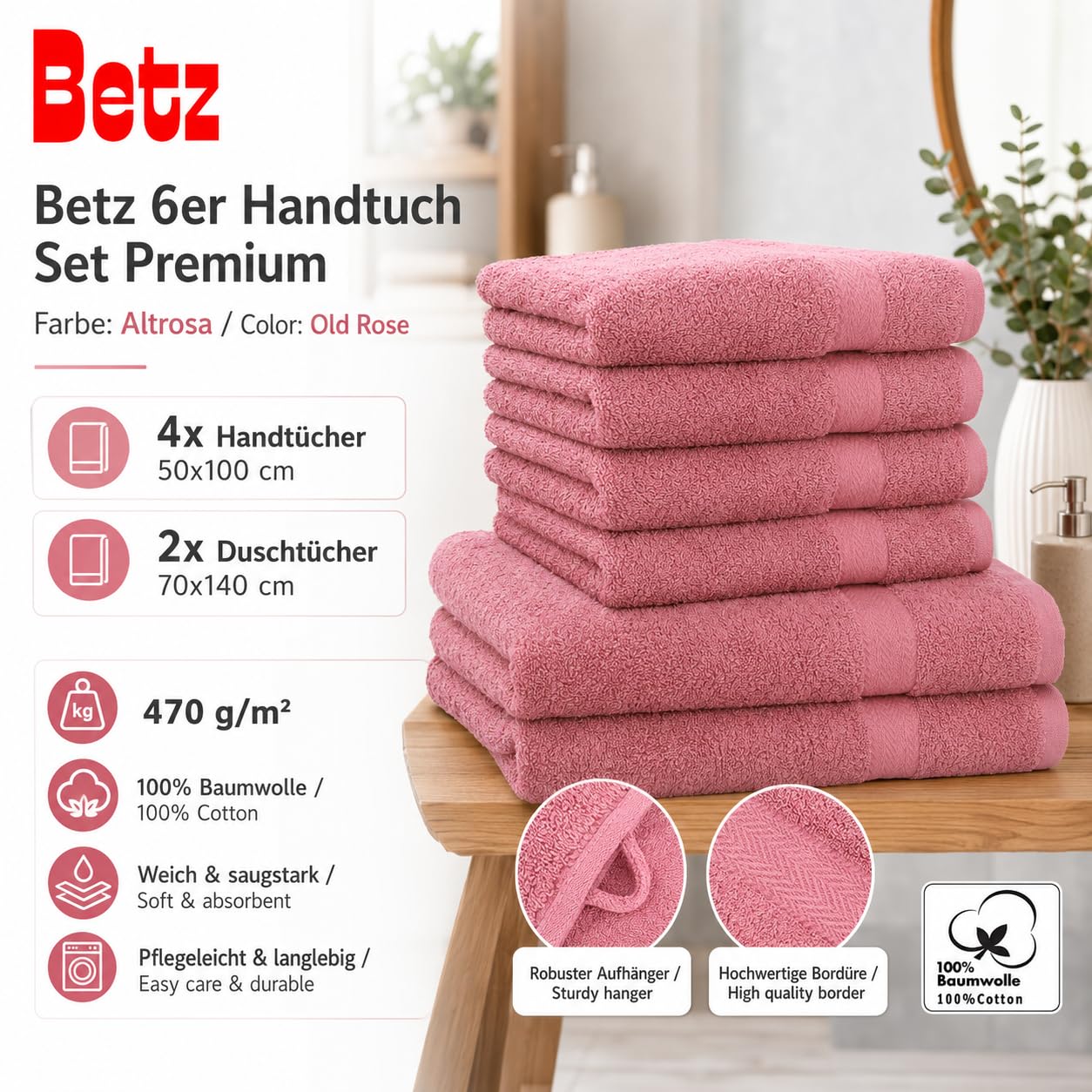 Betz Zestaw ręczników PREMIUM - 6-częściowy zestaw ręczników - 2 x ręczniki prysznicowe - 4 x ręczniki do rąk - 50 x 100 cm - stara róża