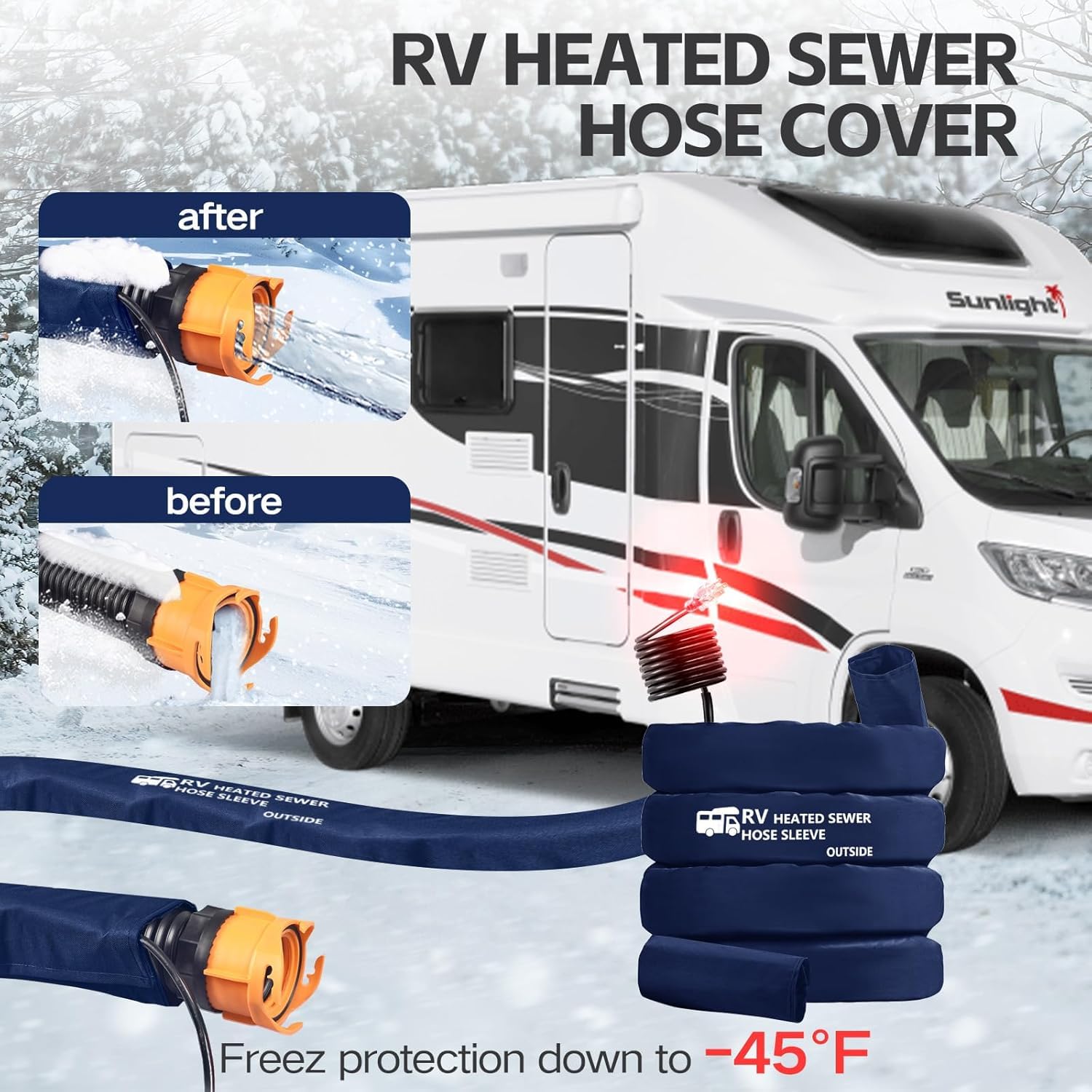 Manguera de alcantarillado con funda térmica para evitar la congelación a -42.8 °C, kit de manguera de alcantarillado azul para caravana, accesorios de caravana o caravana