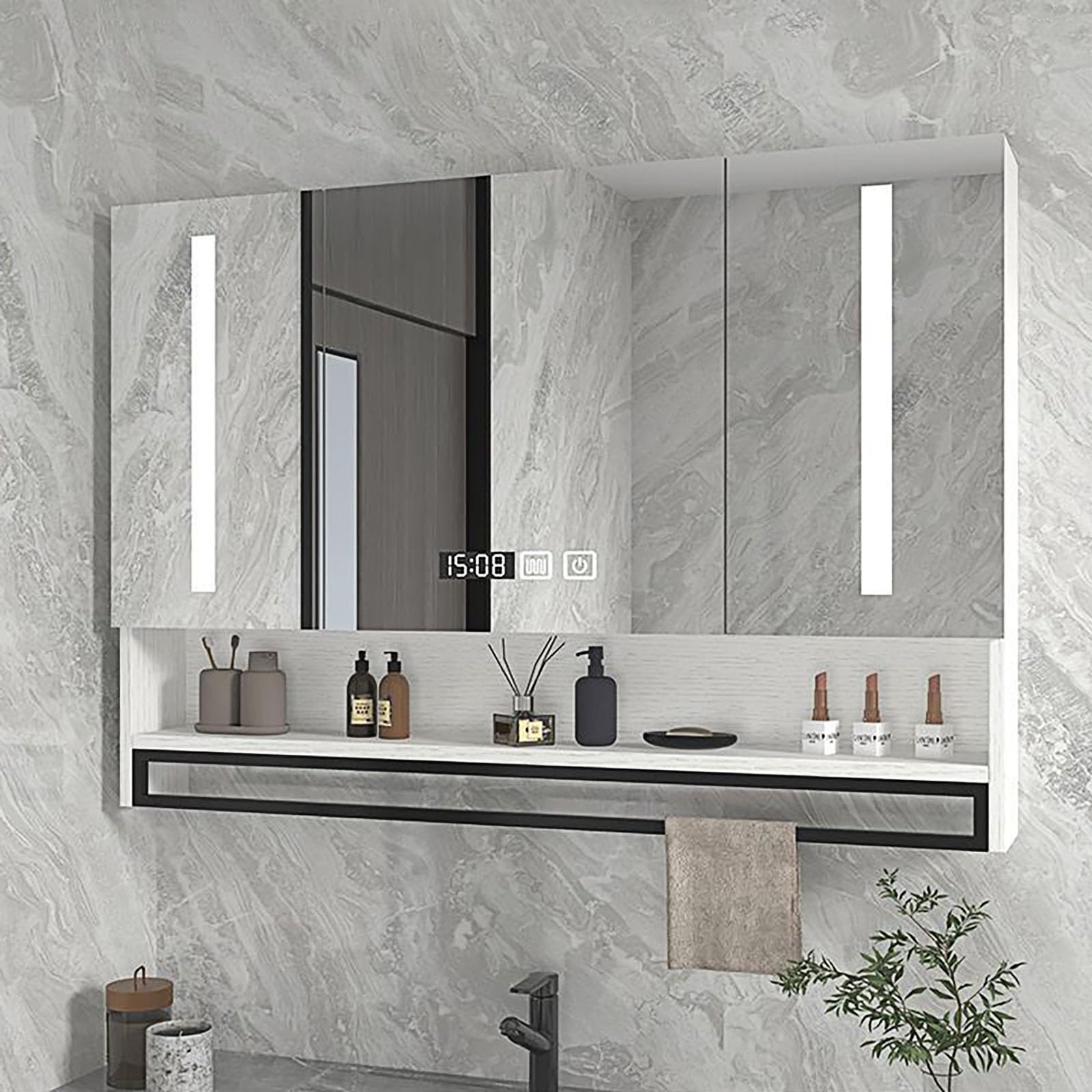 BKSXSOP LED Bathroom Cabinet with Touch Switch, Defogger Mirror, Time Display, Modern Storage Solution, White, 80x13x80cm, Stylish & Functional nizer
