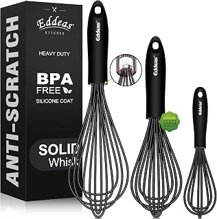 Eddeas Silicone Whisk Set 3-Piece: 500°F Heat Resistant, Non-Scratch 7" 9" 11" Heavy Duty Black Kitchen Whisks for Cooking