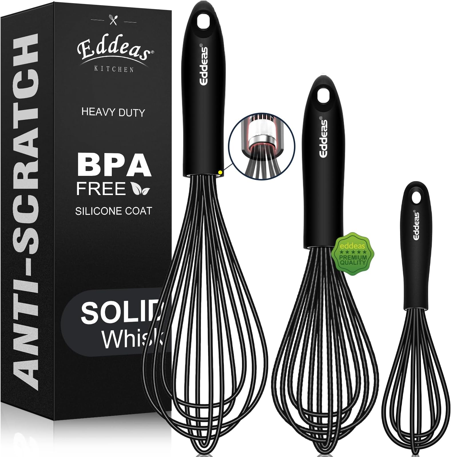 Whisk,Silicone Whisks for Cooking non Scratch Protect your ceramics from sticking to pots and pans.7+9+11in wisk.Perfect for Blending, Whisking, Beating.Dishwasher safe and BPA free.3pcs Black