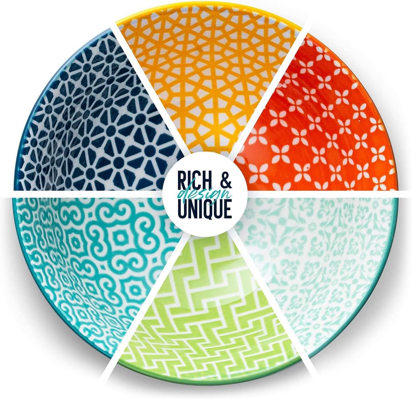 KooK Colorful Bowl, Ceramic Porcelain Bowls for Cereal, Fruit, Vibrant Patterned, Multi Color Designs, Housewarming Gift and Kitchen Decor for Soup, Salad, Set of 6, 18oz (Colorful) - Image 4