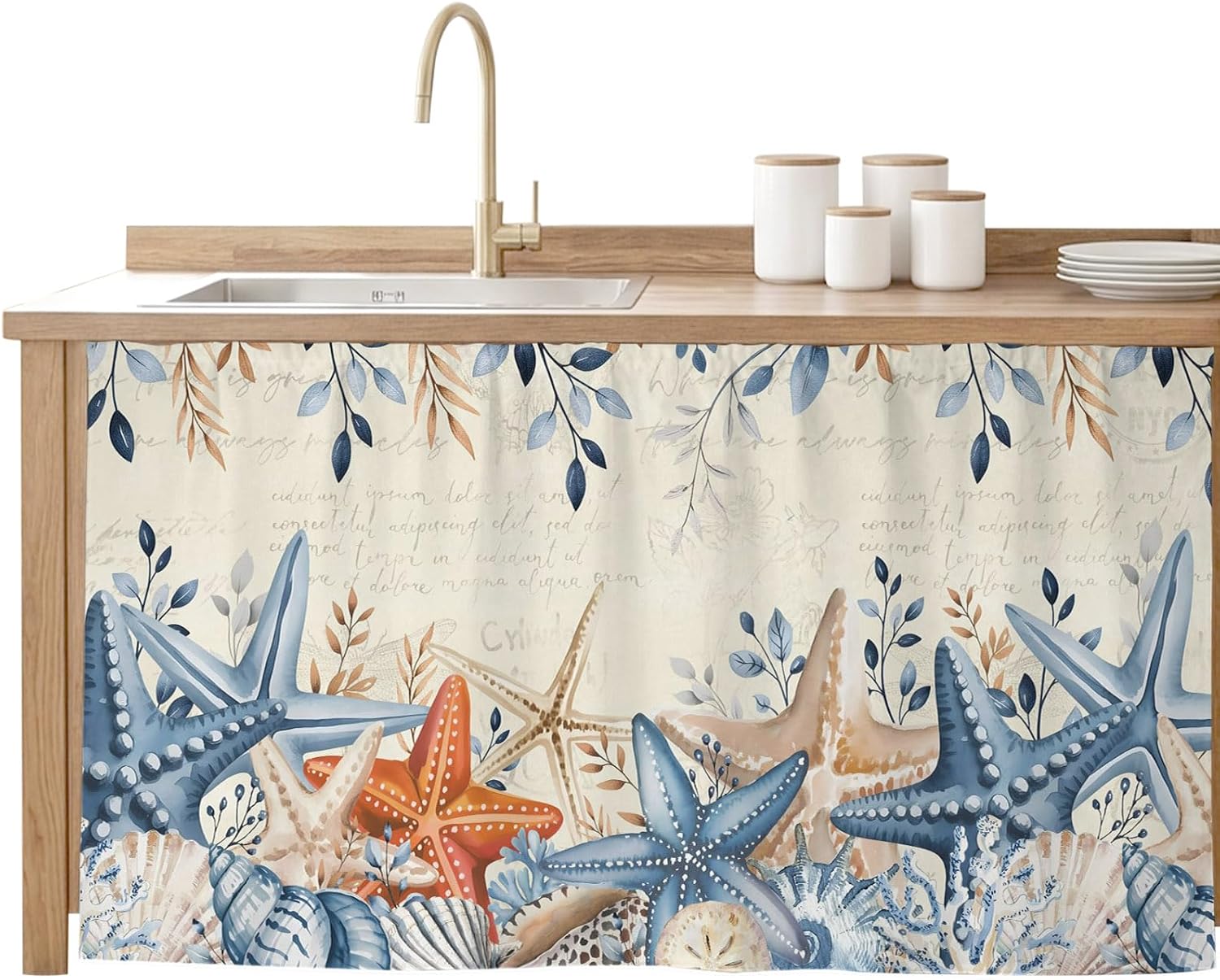 Blue Coastal Under Sink Curtain Waterproof No Drill Cabinet Curtain with Hook and Loop, Summer Beach Starfish Weeping Eucalyptus Retro Sink Skirt for Closet Bathroom, Shelf 55" Wx32 L Beige