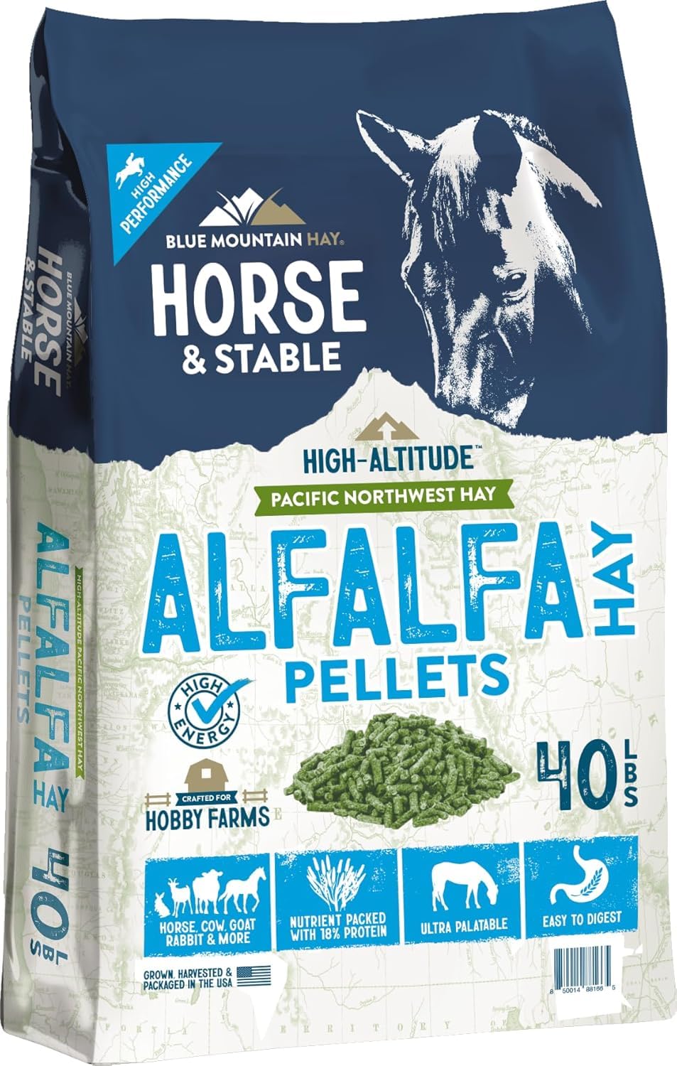 Blue Mountain Hay Alfalfa Heupellets in hoher Höhe (18 kg), Ultra Premium Nährstoffdichtes Futter, klein, schnell einweichen, staubarme Pellets, einfach zu messen, automatische Futterautomatik