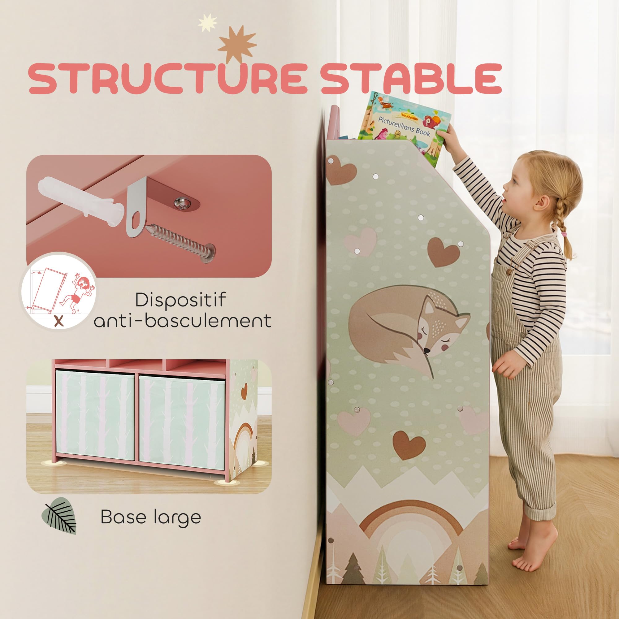 AIYAPLAY Meuble Rangement Enfant, bibliothèque Enfants avec étagères Ouvertes et 2 tiroirs en Tissu, Forme de Maison et Motif de Renard, Rangement Jouet pour Chambre d'enfants Salle de Jeu, Rose
