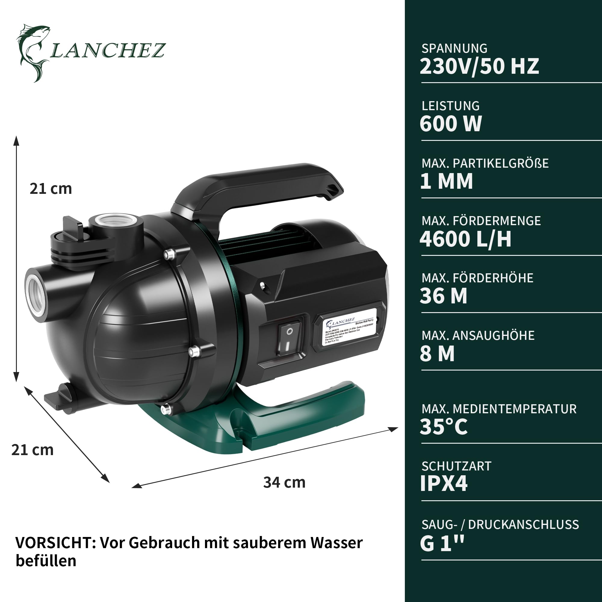 LANCHEZ Gartenpumpe 4600 l/h Fördermenge, Leistung 600 W, 36 m Förderhöhe, Ansaughöhe bis zu 8 m, Tragbarer Griff, Wasserpumpe für Regenfässer, Zisternen, Gartenteiche