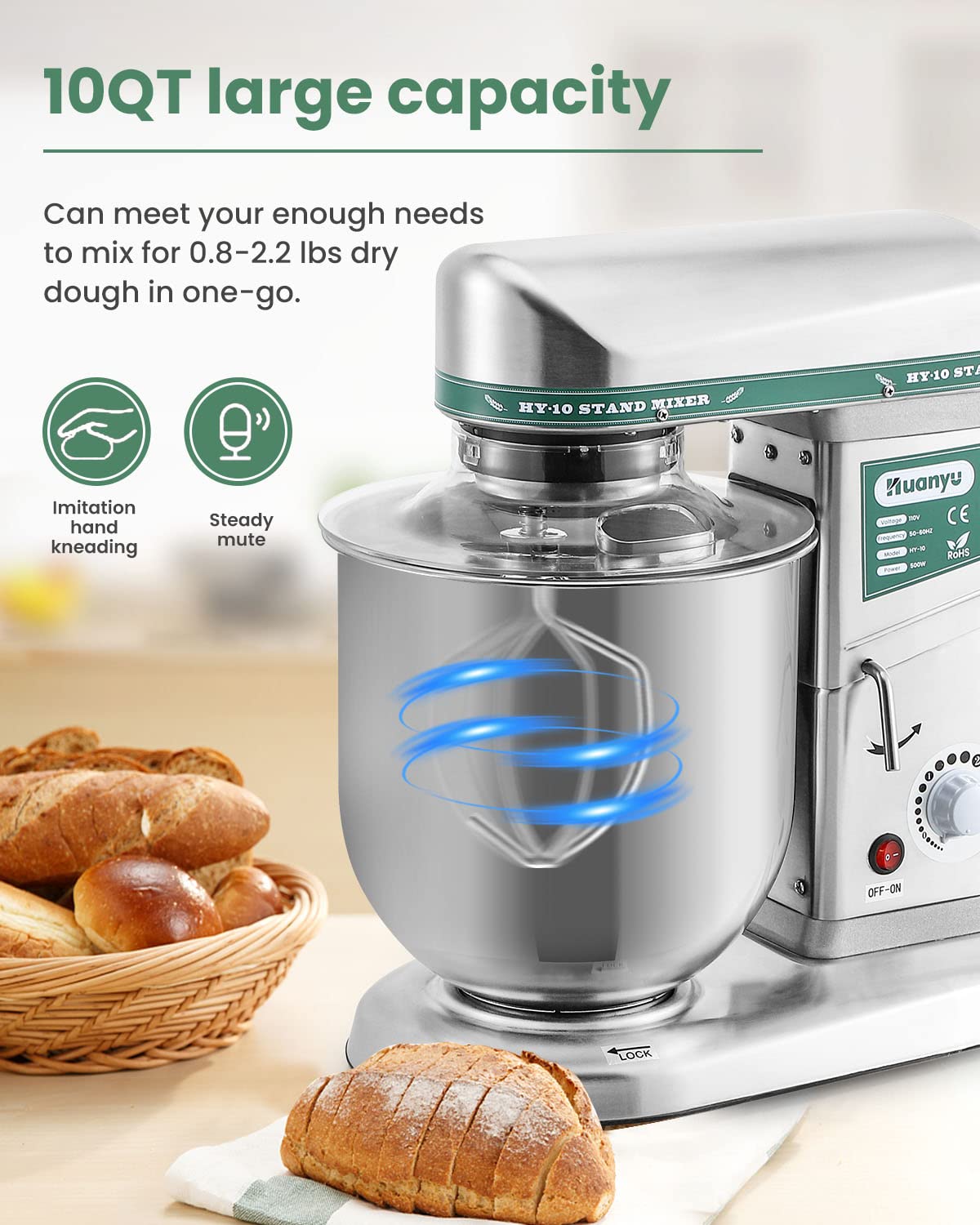 Huanyu Batidora Mezclador de Soporte Comercial con Gancho de Masa 3 en 1 Batidor Plano Máquina de Mezcla Alimentos Multifuncional Eléctrica Comercial 10QT 500W