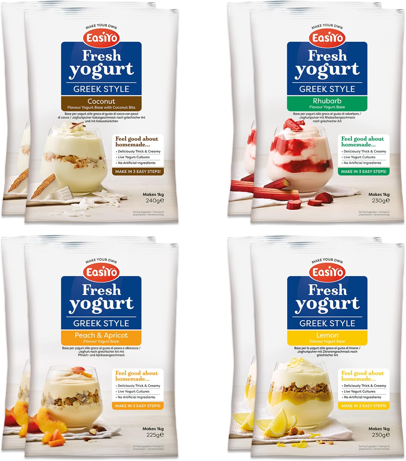 Yogurt 8 Sachet Pack | EasiYo Greek Style Mixed Pack | 2 x Greek Style Coconut 2 x Greek Style Rhubarb 2 x Greek Style Peach & Apricot 2 x Greek Style Lemon | Each Sachet Makes 1kg of Yogurt