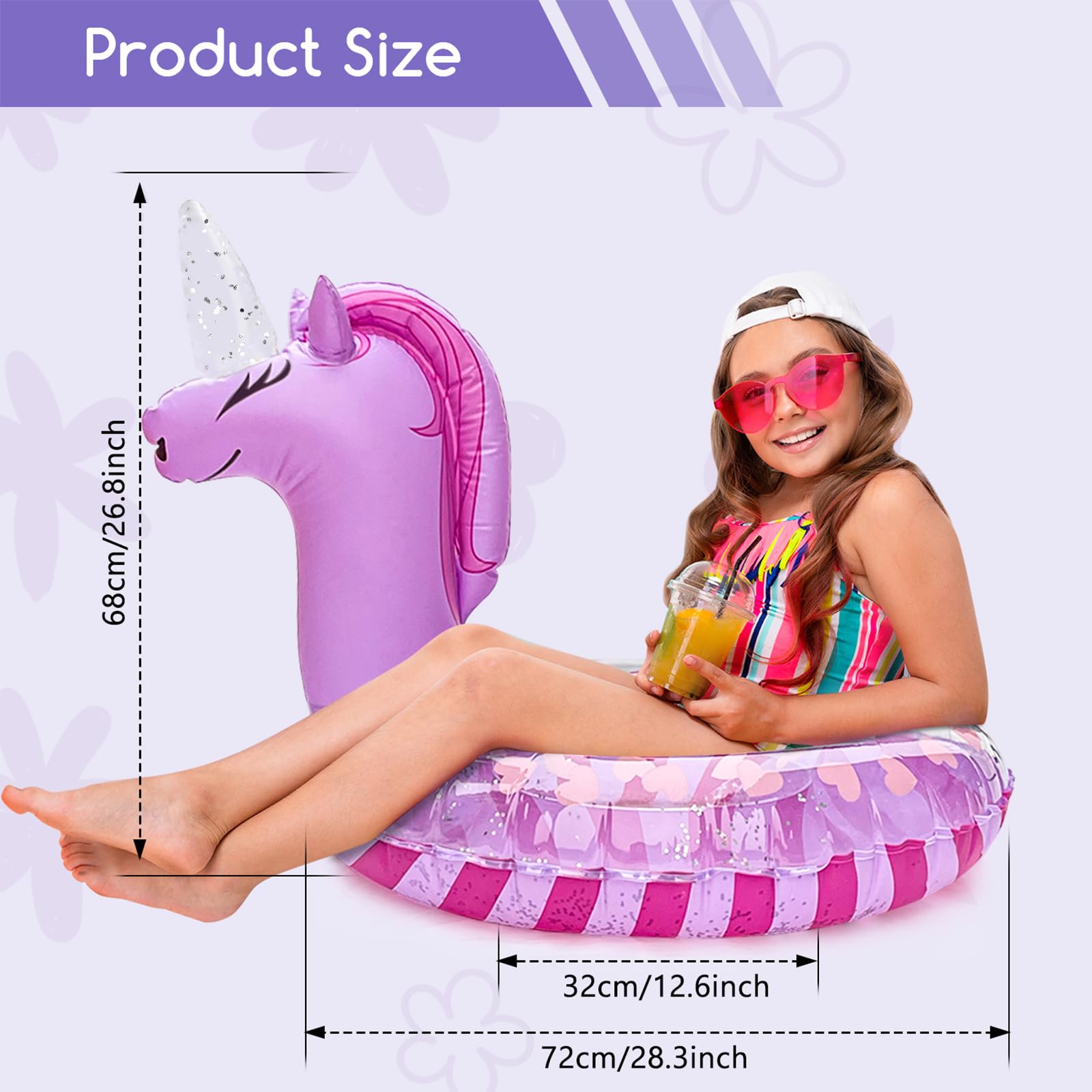 WenYa 28 Inch Unicorn Inflatable Floats Rings for Girls Adults Unicorn Inflatable Pool Rings with Glitter for Water Fun Beach Pool Toys for Summer Party (Purple) - Image 2