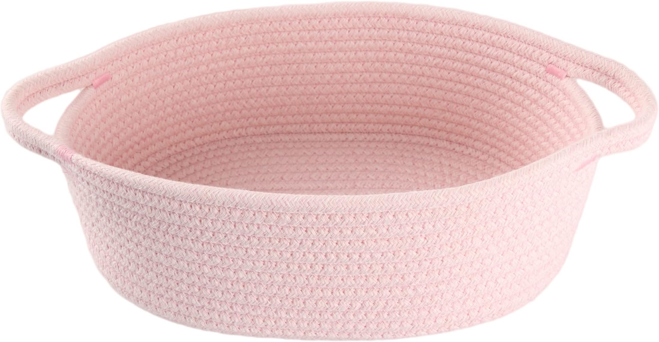 Small Woven Basket Cute Oval Cotton Rope Gifts Basket with Handle Empty Baby Wicker Storage Basket nursery Box Bin kids organizer Cat Dog toy basket Easter Basket light pink