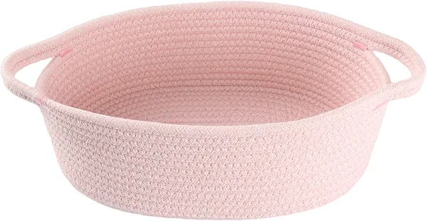 XUANGUO Small Woven Basket Cute Oval Cotton Rope Gifts Basket with Handle Empty Baby Wicker Storage Basket nursery Box Bin kids organizer Cat Dog toy basket Easter Basket light pink