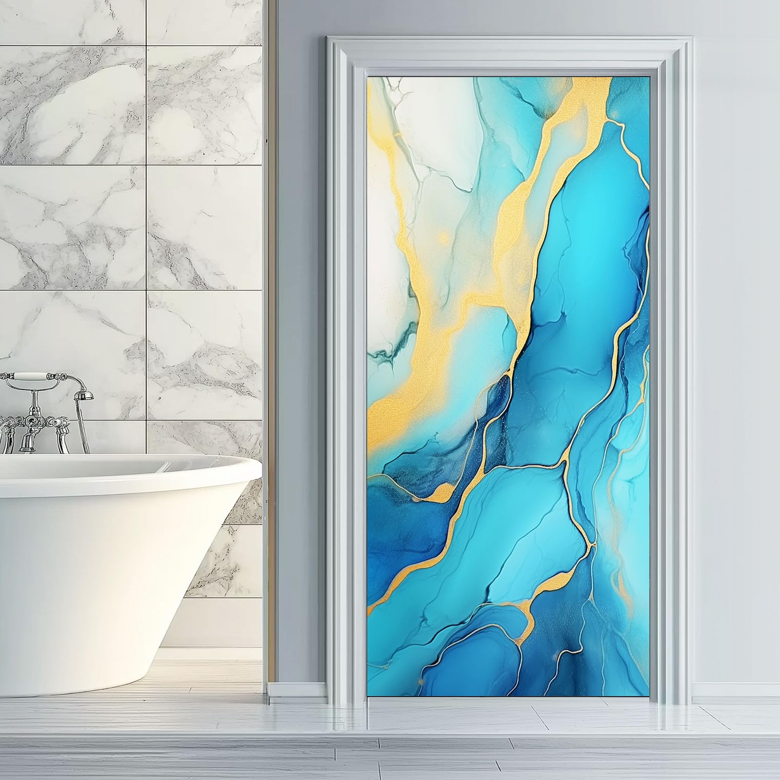 Adesivi 3D per porta con texture astratta in agata, autoadesivo, motivo a vortice ad acquerello, carta da parati rimovibile in vinile per interni, decorazione artistica da parete, impermeabile, blu