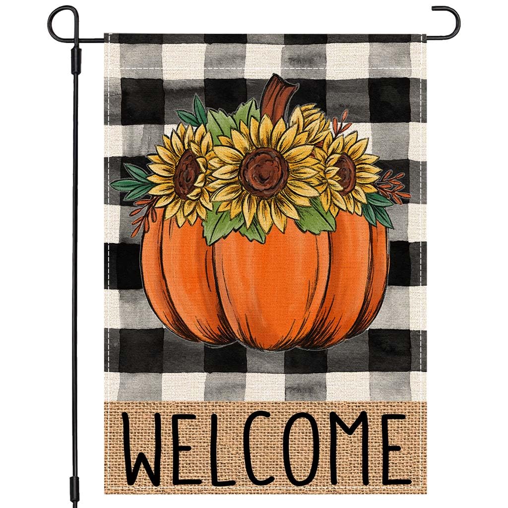 PANDICORN Black Buffalo Plaid Fall Garden Flag 12x18 Inch Double Sided Pumpkin Sunflower Welcome Thanksgiving Fall Decorations Outdoor Garden Flag Burlap for Outside Autumn Patio Yard Decor