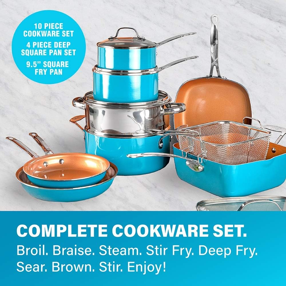 Frее Shірріng оƒƒеr Gotham Steel Cookware + Bakeware Set with Nonstick Durable Ceramic Copper Coating – Includes Skillets, Stock Pots, Deep Square Fry Basket, Cookie Sheet and Baking Pans, 20 Piece, Turquoise