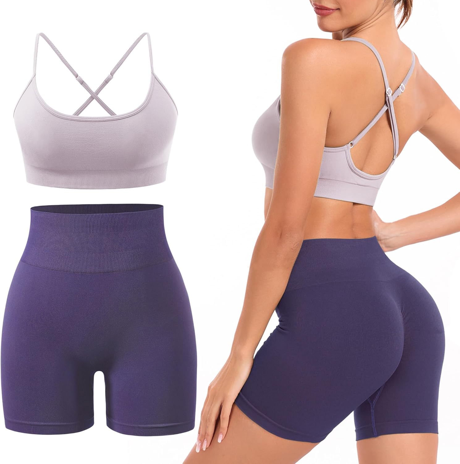 Workout Sets for Women 2 Piece Cute Outfits High Waist Booty Scrunch Biker Shorts & Sports Bra for Yoga Gym Pilates Athletic