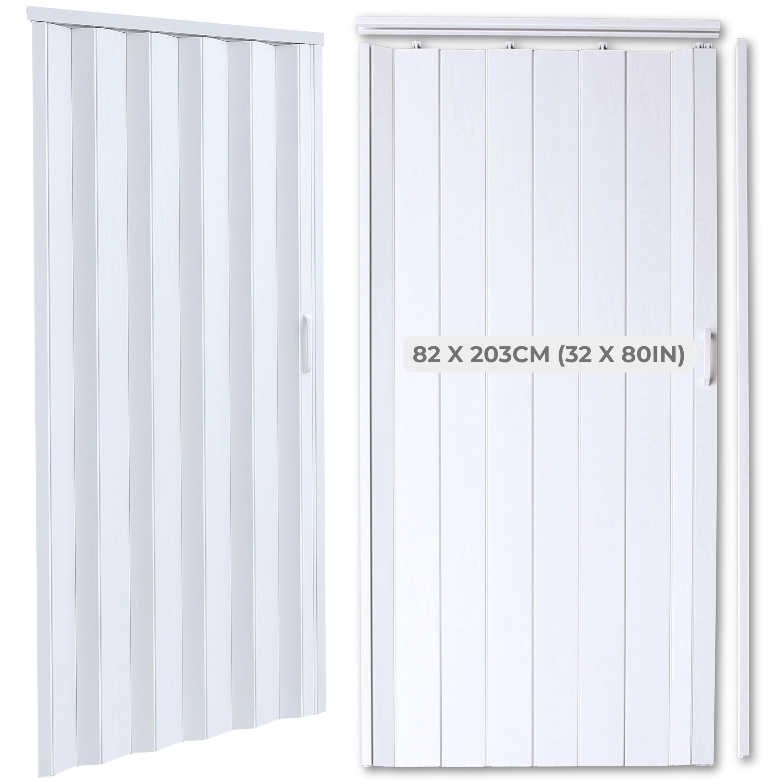 NOVECRAFTO PVC Folding Door, 32 x 80 in – Smooth Glide, Magnetic Closure, Moisture-Resistant, Easy Installation, Space-Saving – Wood Effect Concertina Accordion Sliding Door (White)