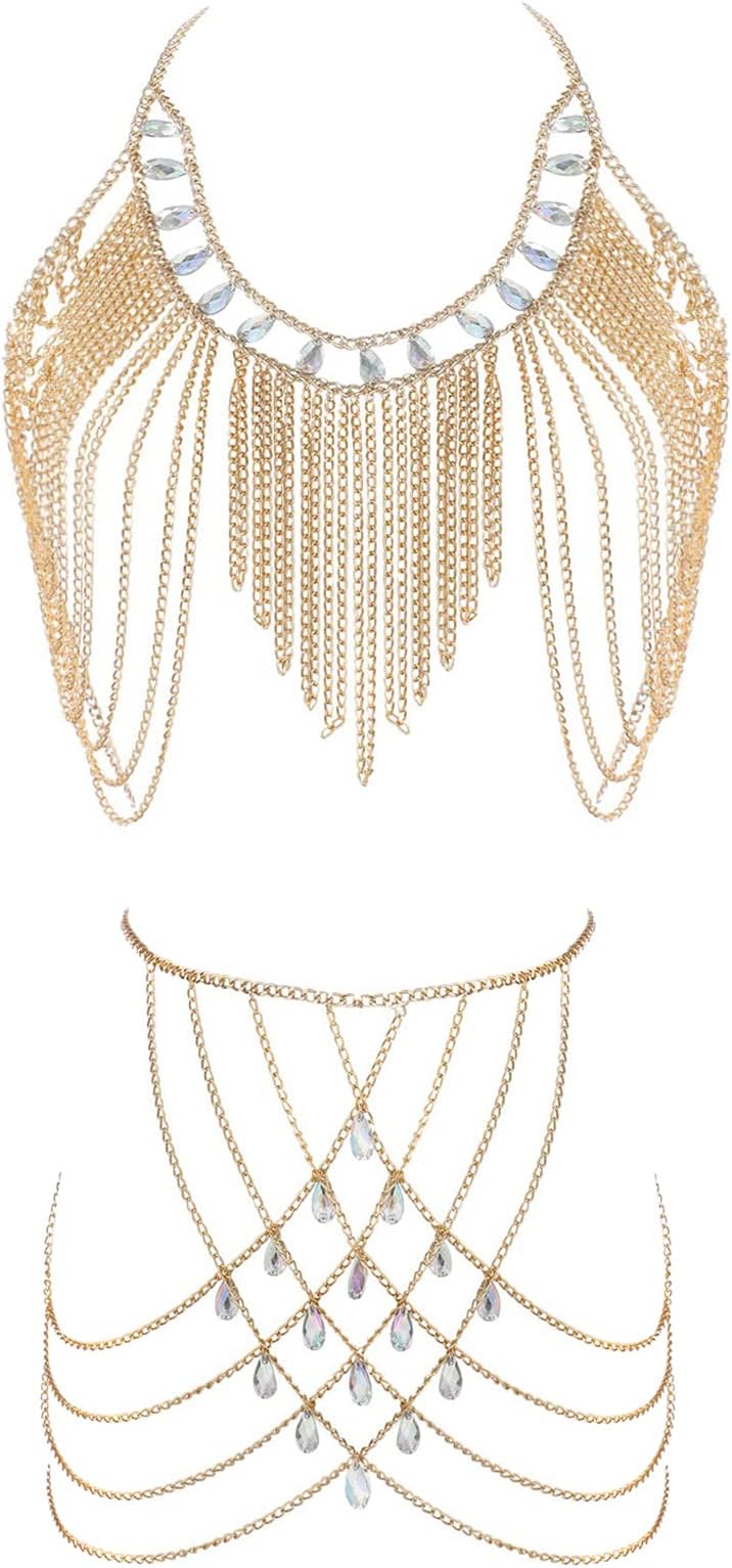 Women's Sexy Body Chain Suit Fashion Halter Bra Chain Body Jewelry (206-C-Gold color)