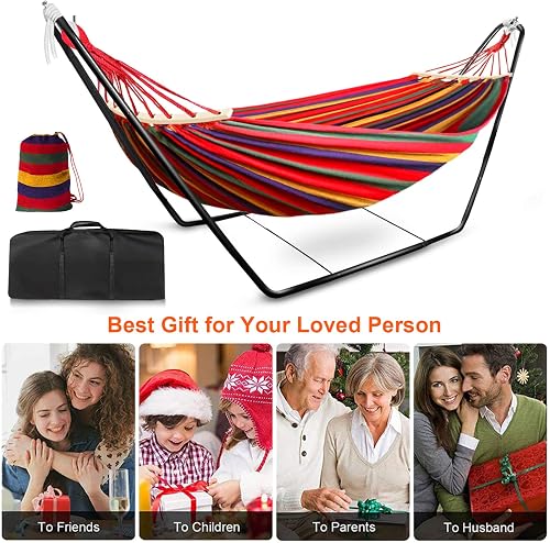 Hammock with Stand, Double Cotton Hammock with Adjustable Steel Frame & Spreader Bar for Garden/Backyard/Travel, Includes Carry Bag, 2 Hooks & Ropes, Easy Assembly - Red - 7