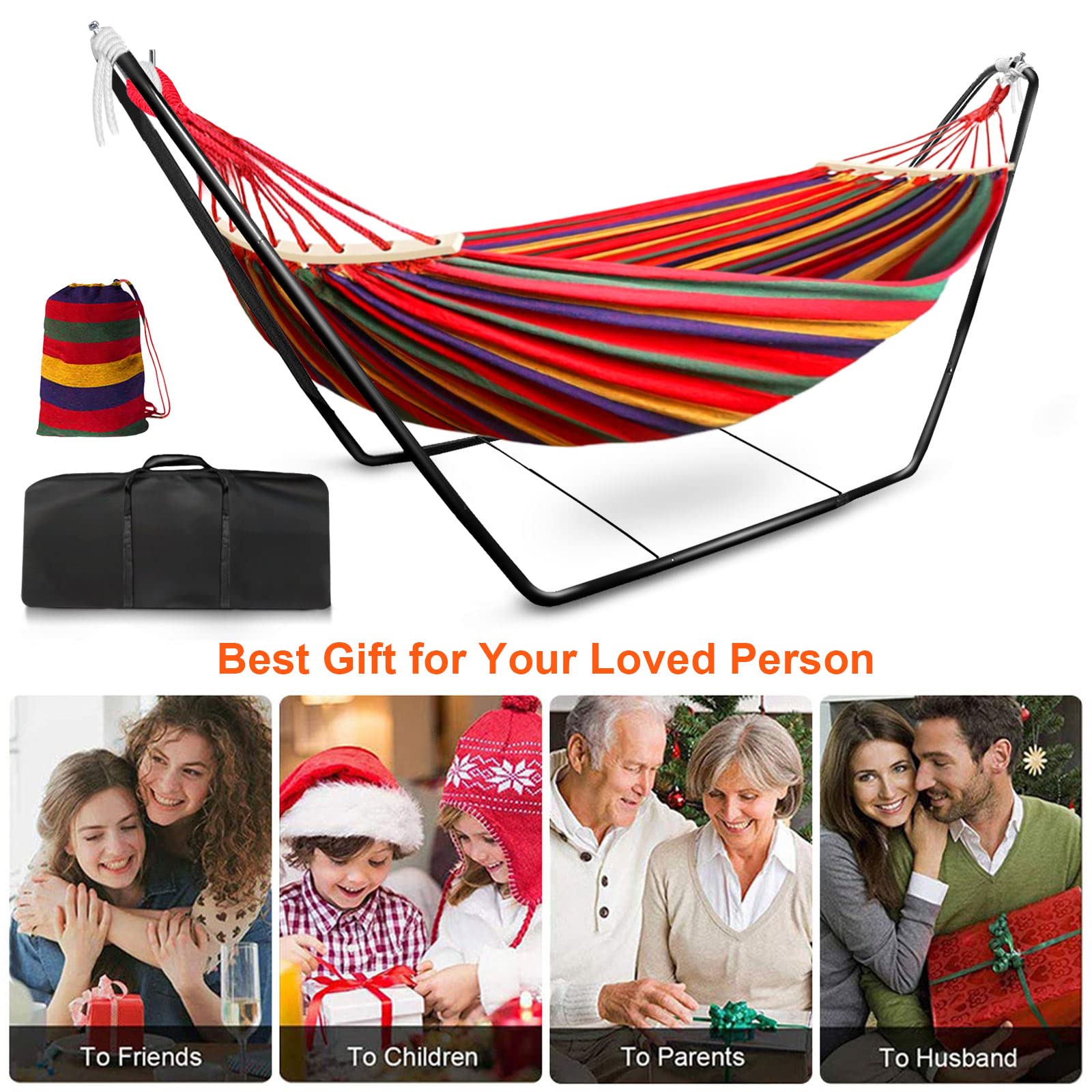 Hamacs de jardin avec support, hamacs d'extérieur en coton pour adultes 195 * 80 cm, hamacs doubles avec sac de transport, parfaits pour le camping, capacité de charge maximale de 300 lb (rouge)