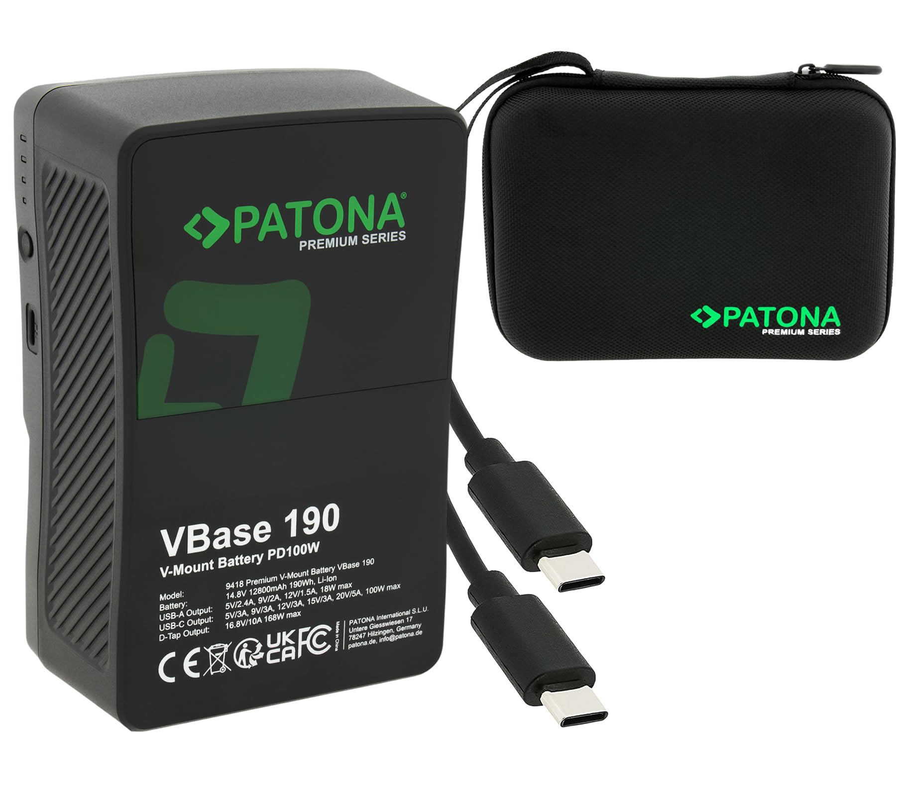 PATONA VBase 190 V-Mount Akku 190Wh mit V-Lock und PD 100W | USB-C, D-Tap und USB-A – Profi-Cinema-Akku für Kamera, Monitor und LED-Licht, inkl. Hardcase
