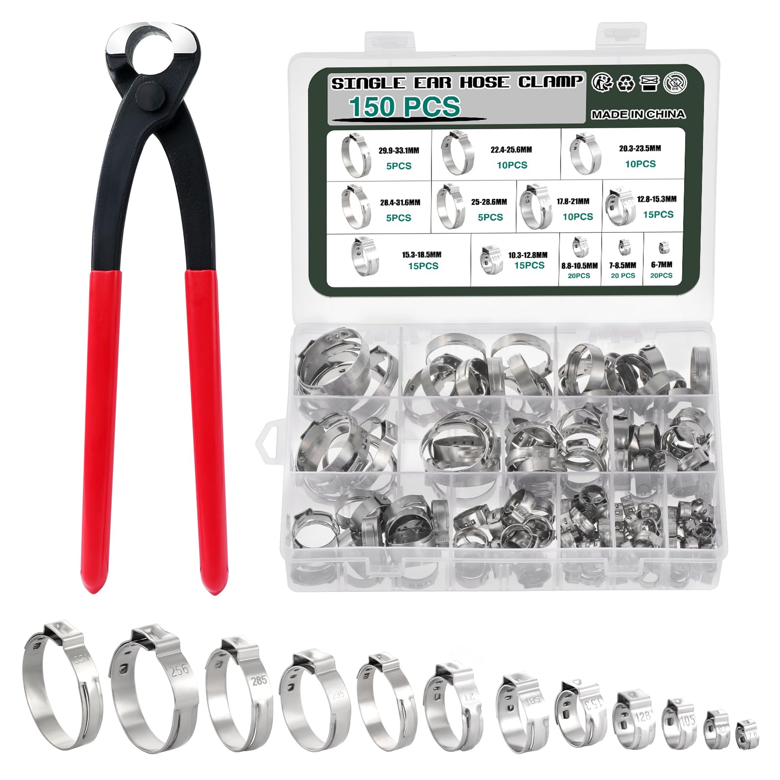 Alcyuh Lot de 50 colliers de serrage à oreille unique en acier inoxydable argenté 34,9 mm à 38,1 mm