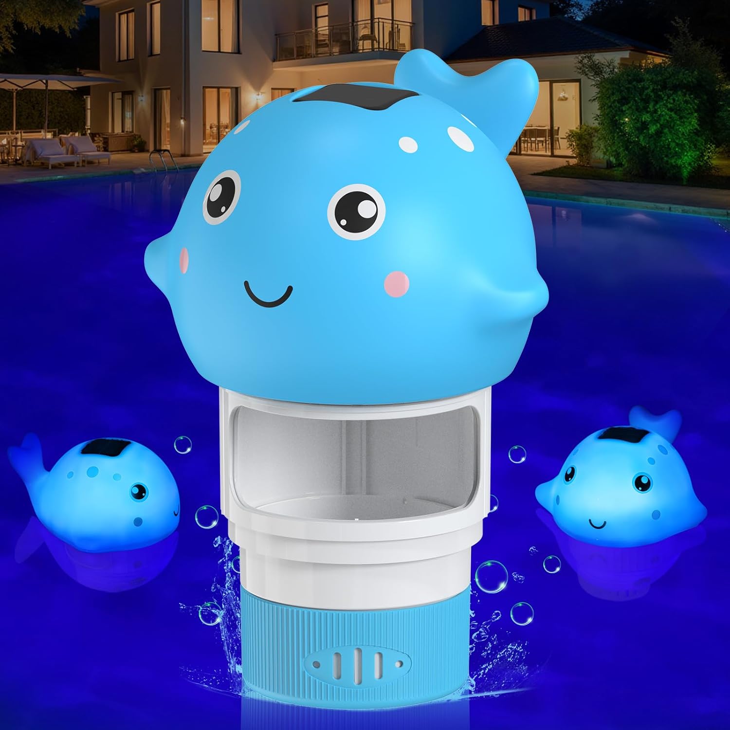 Blufree Pool Chlorine Floater, Solar Chlorine Tablet Floater w/Adjustable Release, Glow in The Dark Large Capacity Whale Floating Chlorines Dispenser for Pool Hot Tub Spa Fits 3 Inch Tabs