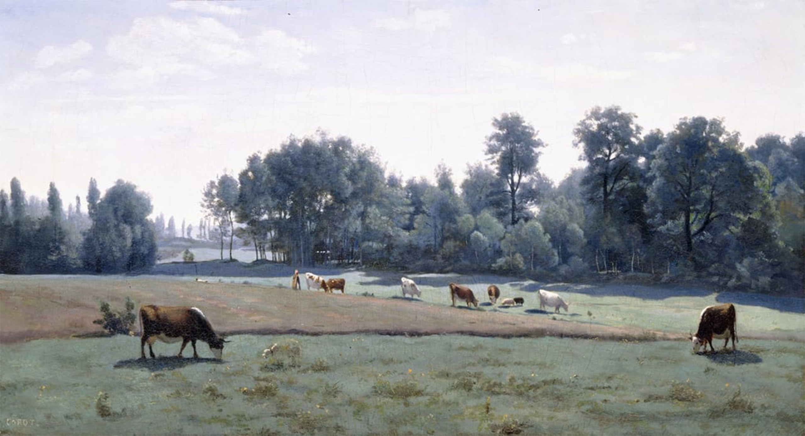 SERENDIPITP Abstract Painting Mural Print Picture Wall Decor Painting Marcoussis Cows Grazing by Jean Baptiste Camille Corot Vintage Wall Artwork for Home Decor 60x90cm