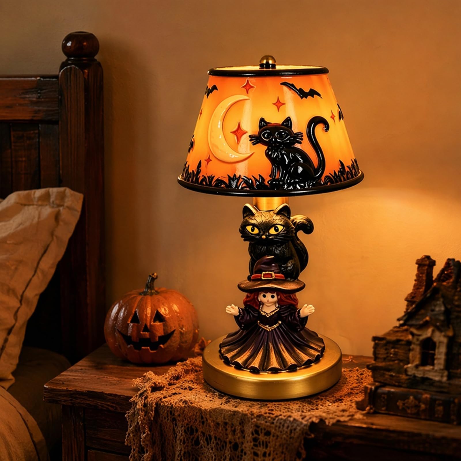Stained Glass Halloween Pumpkin Table Lamp, Witchy Halloween Night Light