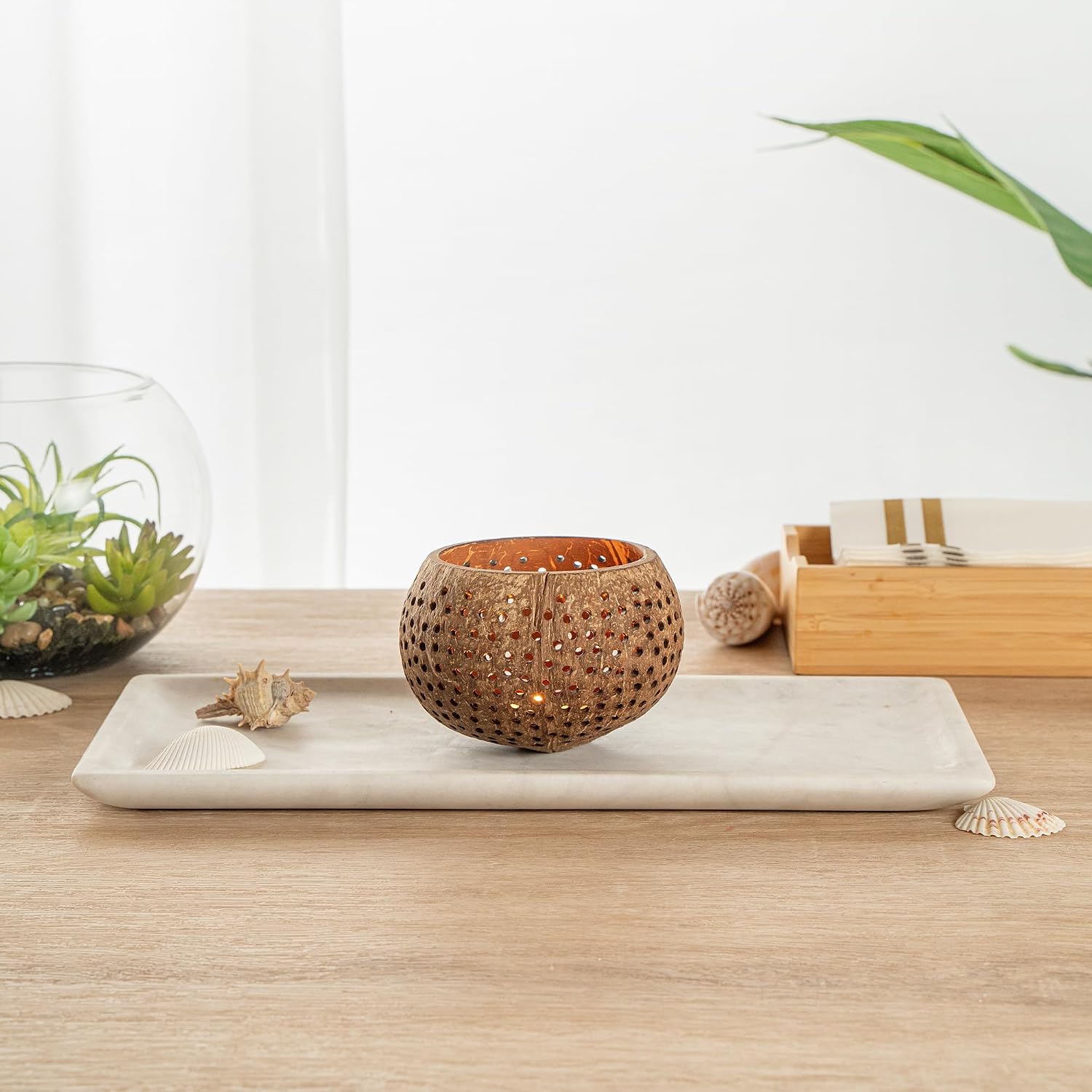 Restaurantware-Coco Casa 4 x 3.3 Inch Coconut Shell Candle Holders, 1 Reusable Tealight Holders - Candle Not Included, Dotted Pattern, Brown Coconut Bowls For Candles, Handcrafted,