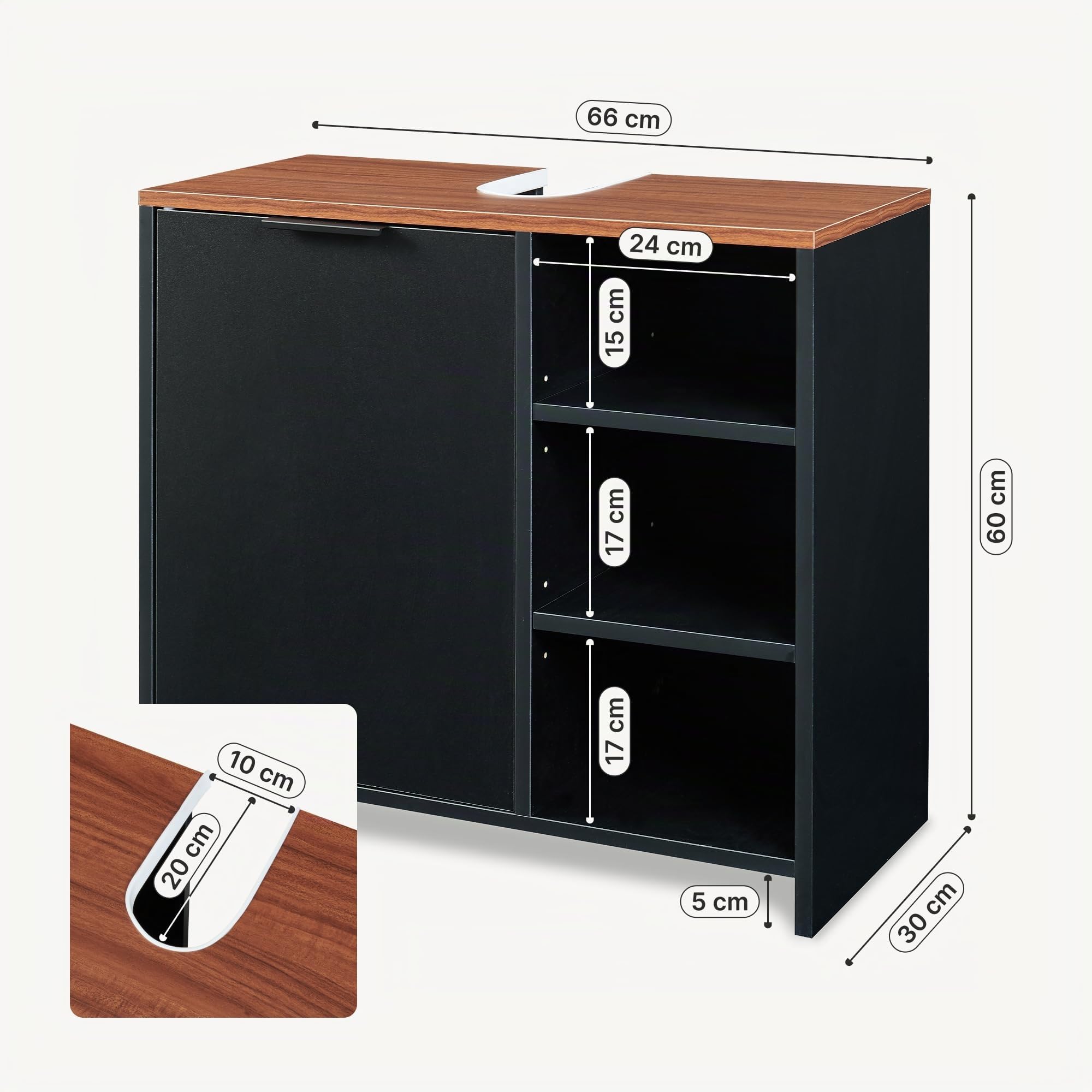 [en.casa] Mobile Sottolavabo da Terra con Anta Armadio da Bagno Sotto Lavandino con Scomparto Chiuso Ritaglio Sifone e 3 Ripiani Vani Aperti Lavanderia 60 x 66 x 30 cm - Nero/Effetto Noce