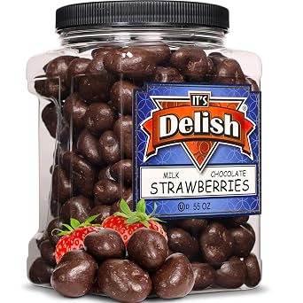 Milk Chocolate Covered Dried Strawberries by Its Delish, 55 OZ Jumbo Container | Gourmet Dairy Chocolate Covered Strawberry Fruit Snacks Bulk Chocolate Candy | Dairy, Kosher