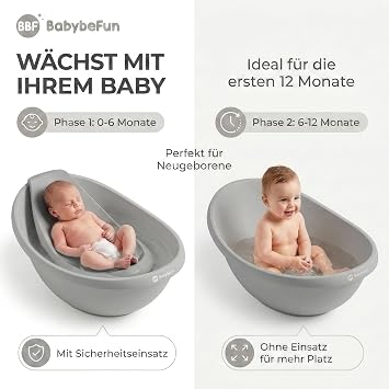 BabybeFun Baby Bath with Bath Insert for Newborns - Test Winner - Non-Slip Baby Bath for Babies and Toddlers - 0-6 Months - Baby Bath for Shower Bathtub Gray