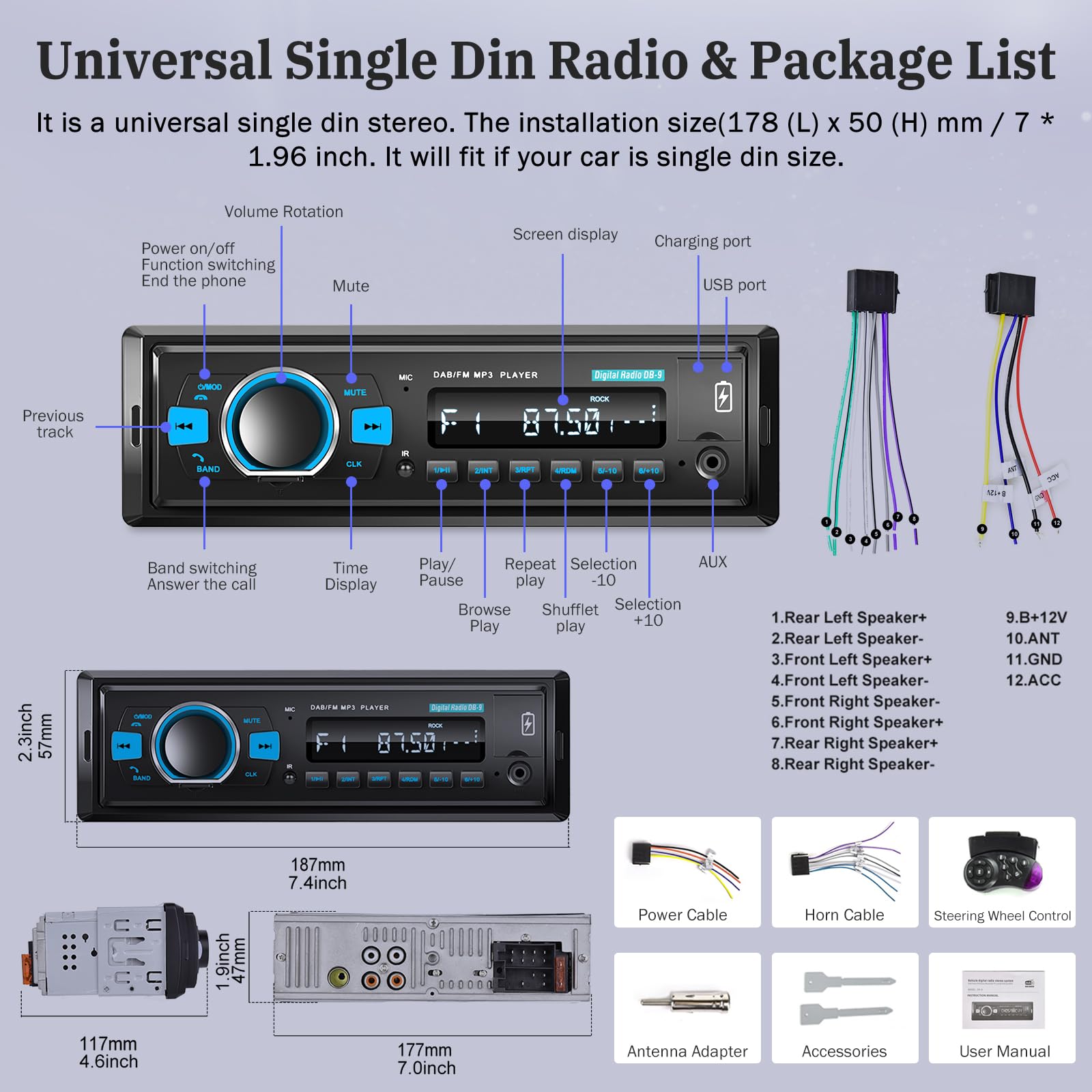 Radios DAB Autoradio 1 Din mit Bluetooth 5.0 / EQ Audio/Bluetooth Anruf/FM Radio/USB Ladefunktion/Tastenbeleuchtung/TF SD Kartenanschluss/AUX Eingang + telecomando SWC