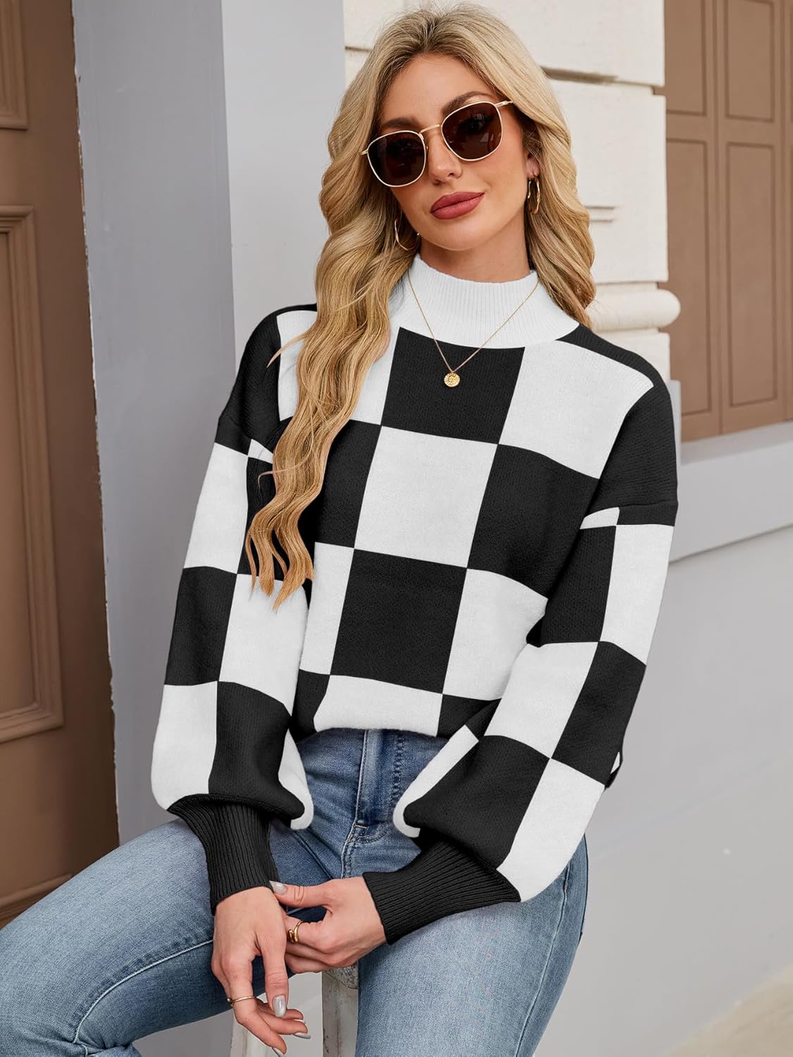 Womens Oversized Cute Checkered Sweater Fall 2025 Trendy Preppy Chunky Knit Mock Neck Long Sleeve Pullover Sweaters - Image 6