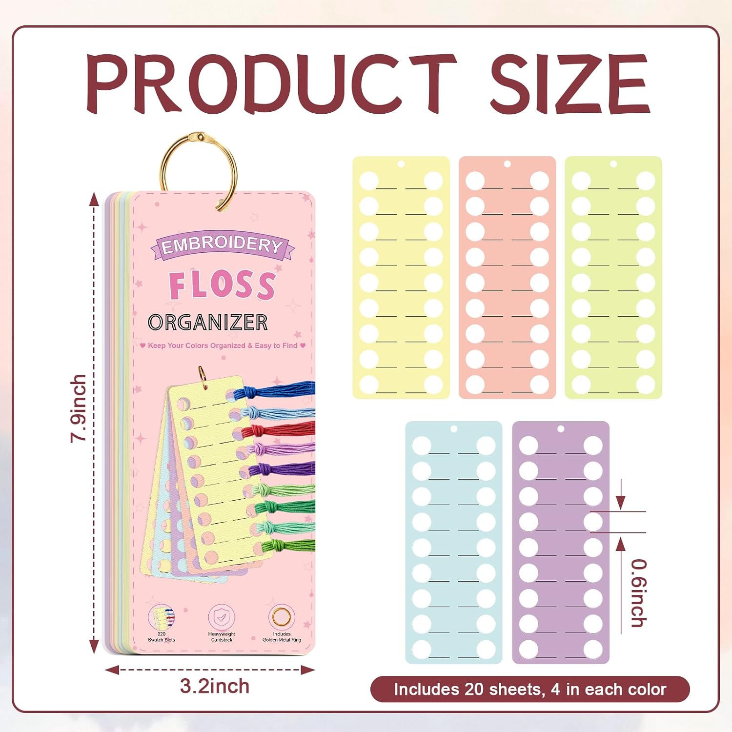 20 Sheets Embroidery Floss Organizer Cards with Binder Rings 360 Positions Cross Stitch Thread Holder 5 Color Embroidery Floss Organizer Embroidery Thread Holder DIY Sewing Thread Craft 7.9 × 3.2 in