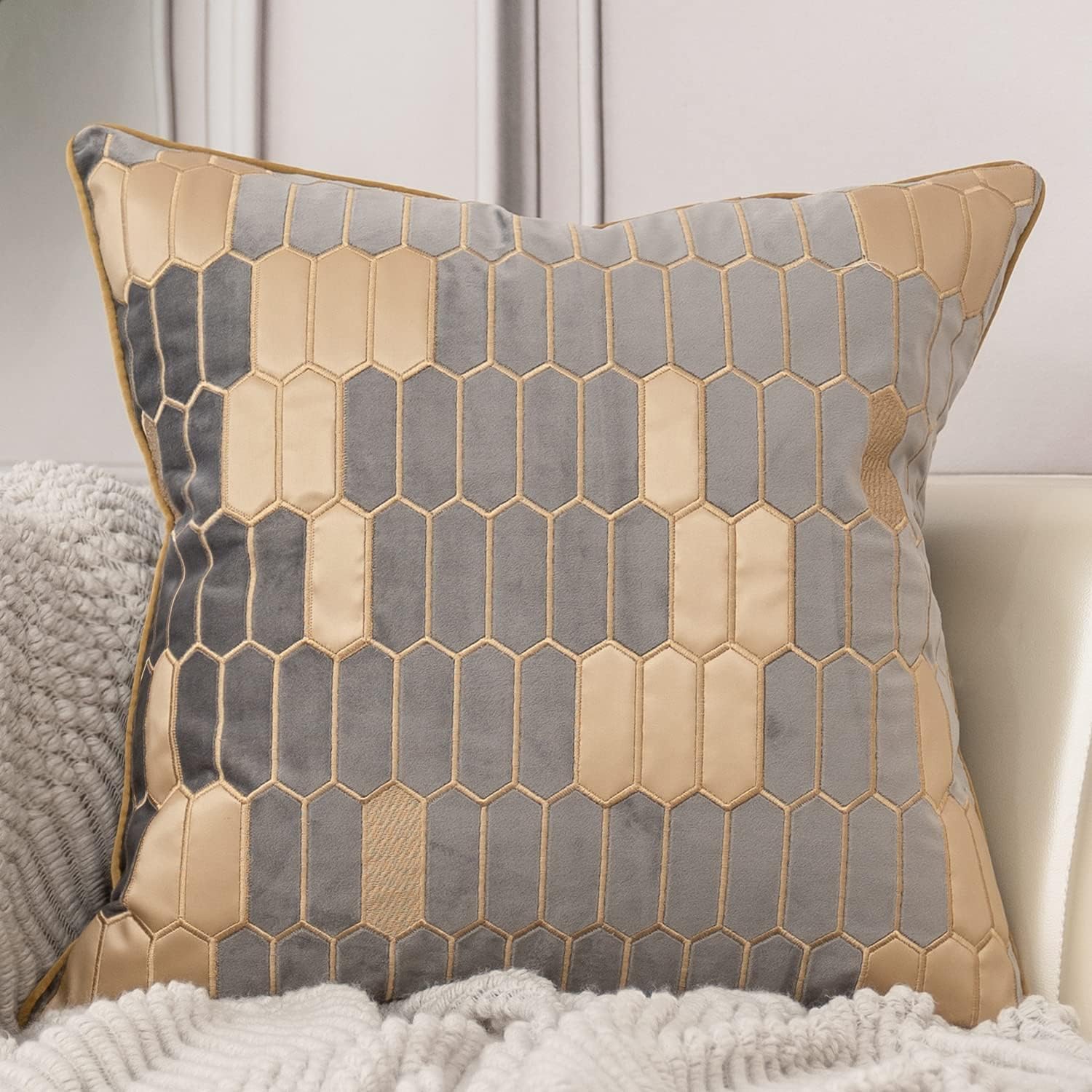 Aeckself 20 x 20 Inch Grey and Gold Leather Geometric Plaid Embroidered Velvet Cushion Case Luxury Modern Square Throw Pillow Cover Decorative Pillow for Couch Living Room Bedroom Car 50 x 50cm