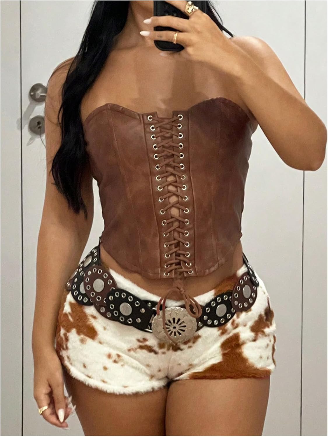 MakeMeChic Women's Micro Mini Shorts Summer Cow Print Fur Shorts Fuzzy Low Waisted Cowgirl Hot Pants - Image 5